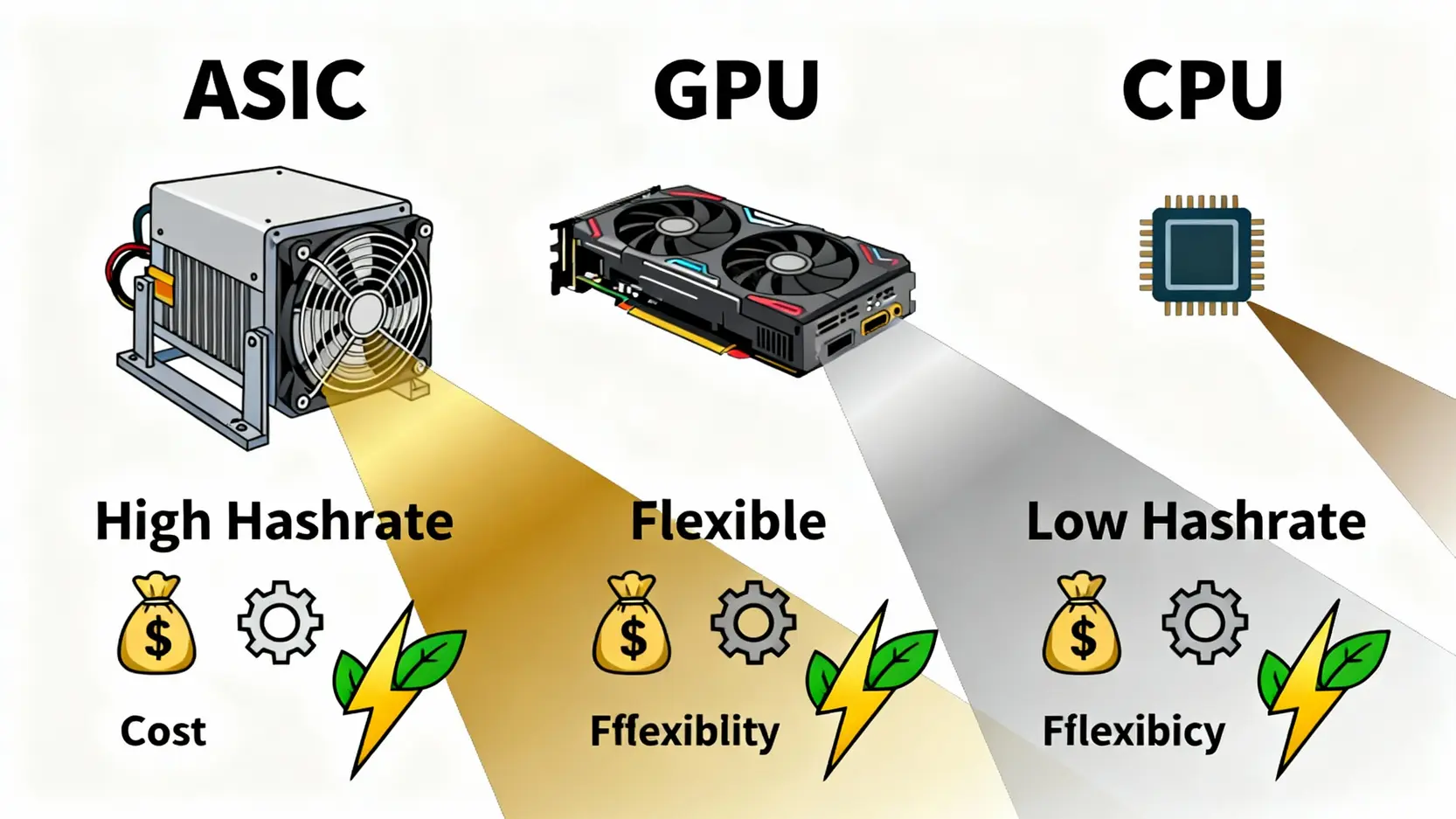 挖礦硬體終極指南:ASIC、GPU、CPU礦機優缺點、成本與回報全解析 ASIC、GPU與CPU三種加密貨幣挖礦硬體的關鍵差異對比圖,顯示了它們在算力、彈性和成本上的不同。