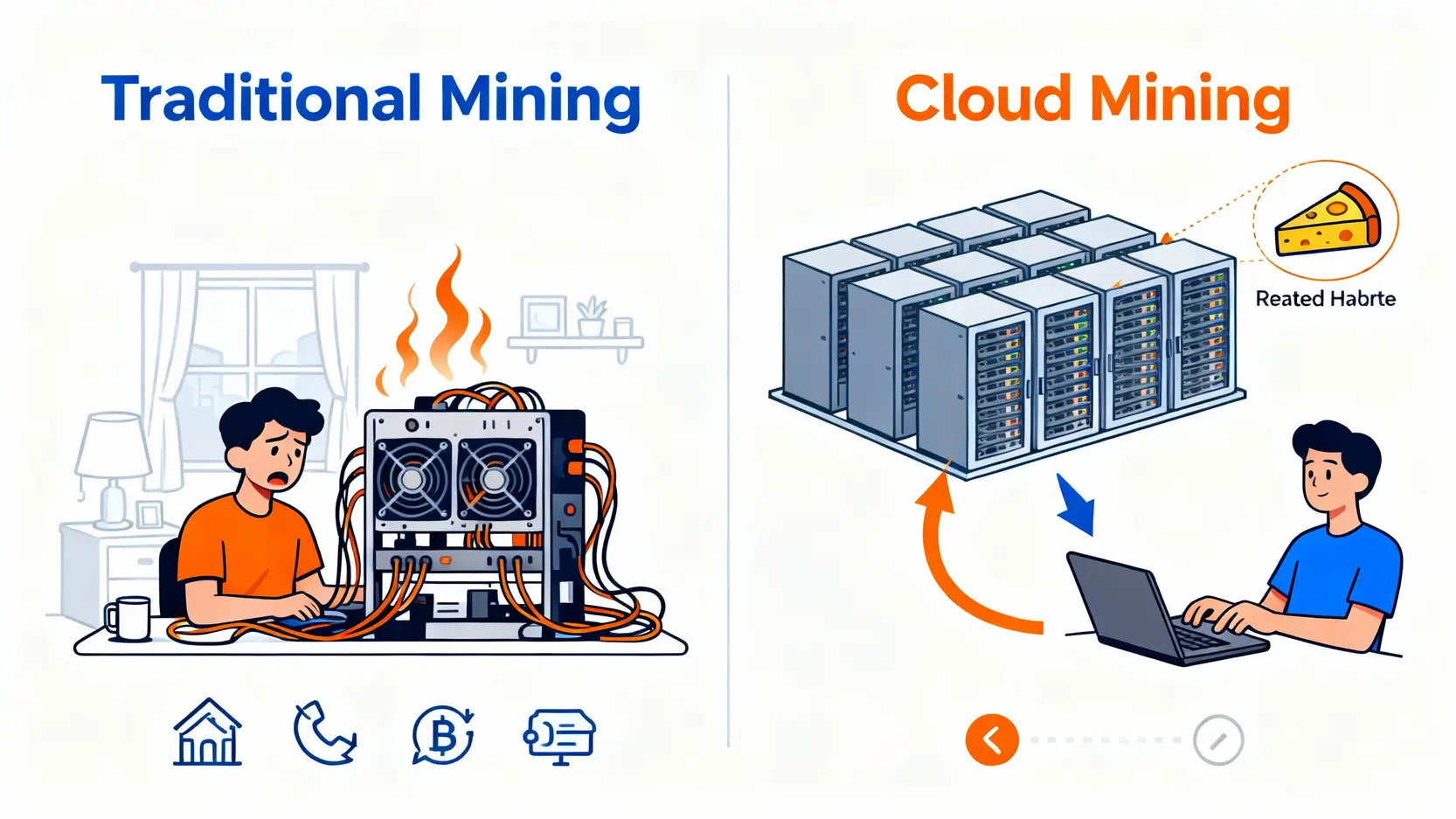 【2026雲挖礦平台推薦】Top 5平台評測,合約風險與避坑指南一篇搞定! 一張對比圖,左邊是複雜且昂貴的傳統挖礦,右邊是簡單方便的雲挖礦,用戶只需在筆電上點擊即可租用遠端礦場的算力。