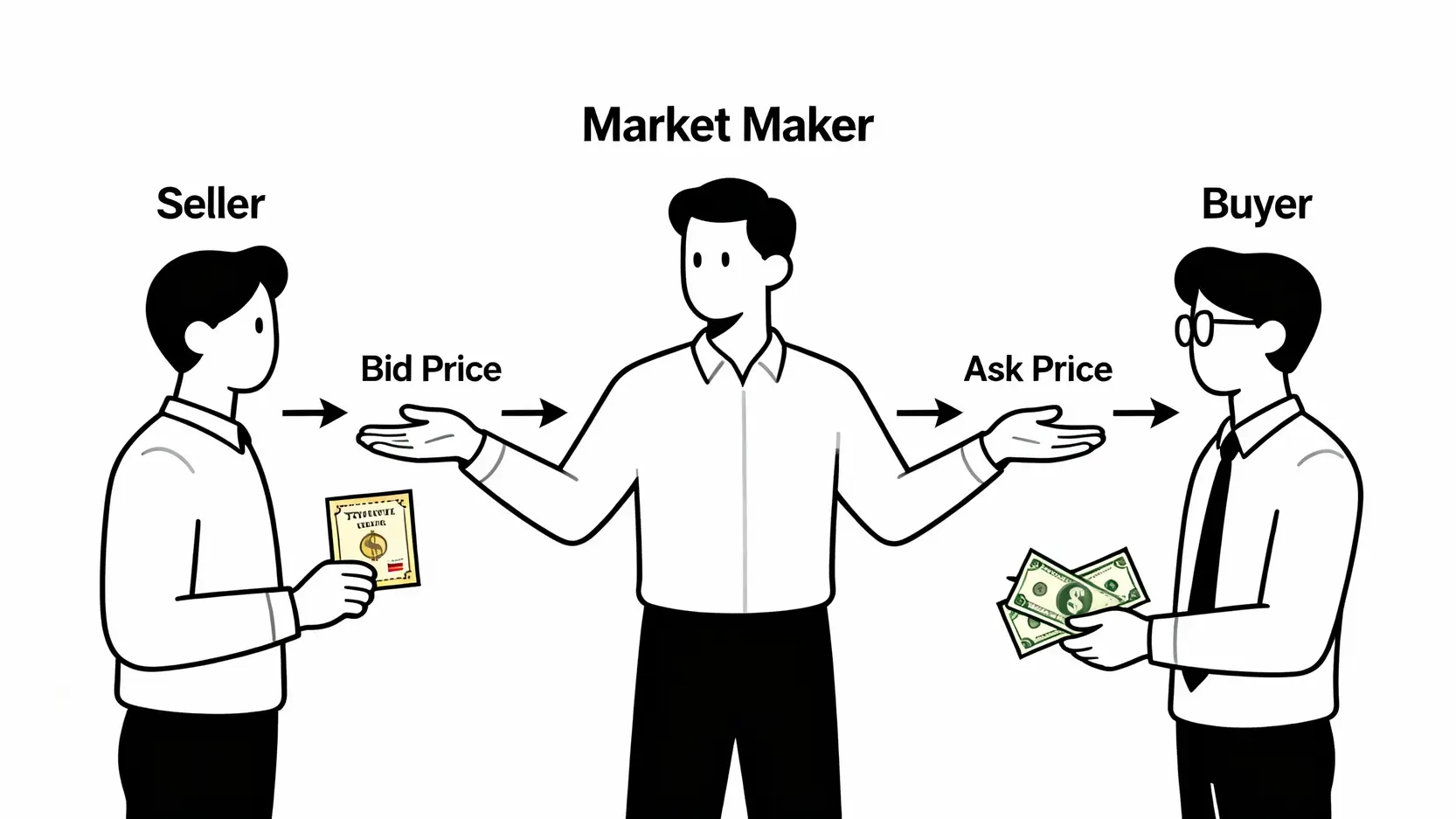 法人造市全解析:秒懂造市義務、規則與核心避險策略 法人造市者在買家與賣家之間提供報價並促進交易的概念圖