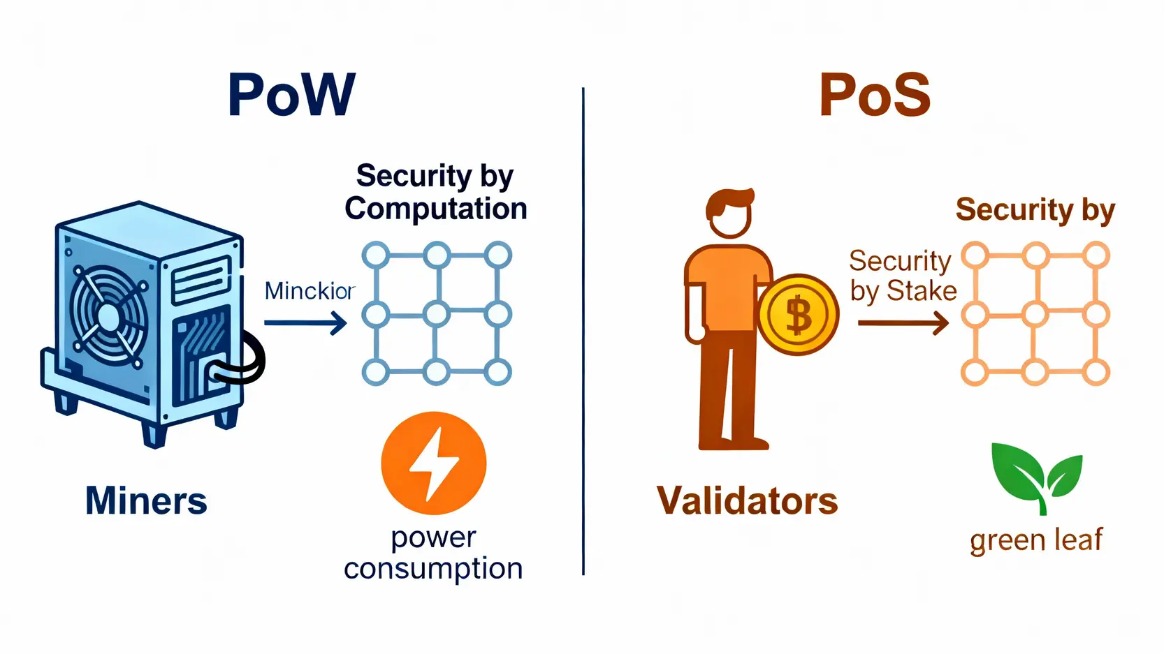 以太坊挖礦終結!PoW轉PoS衝擊全解析,礦工轉戰以太坊經典還能賺嗎? PoW 與 PoS 機制對比圖,左側為 PoW 的算力挖礦與高能耗,右側為 PoS 的權益質押與低能耗。