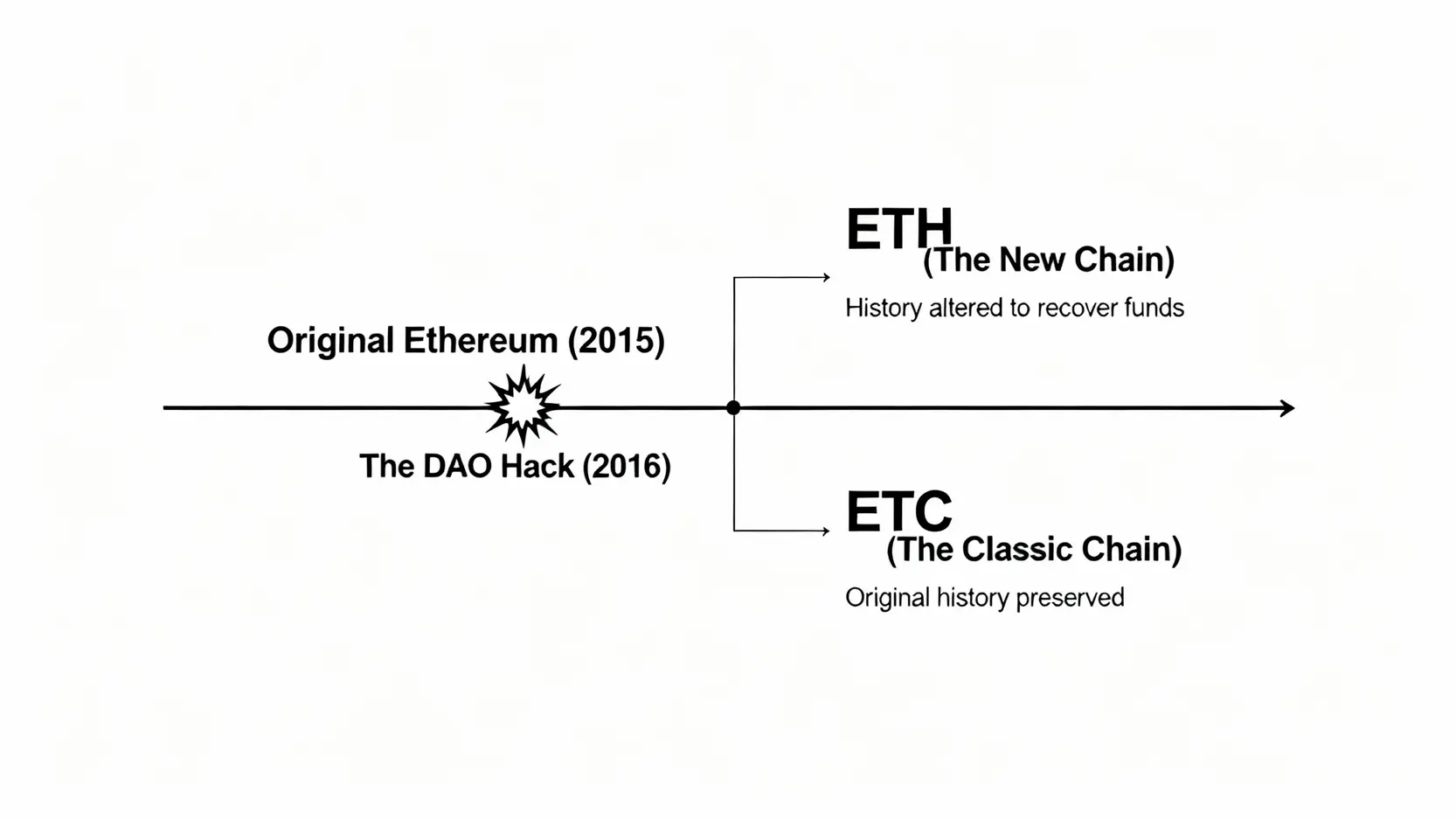以太坊挖礦終結!PoW轉PoS衝擊全解析,礦工轉戰以太坊經典還能賺嗎? 以太坊與以太坊經典的分叉歷史示意圖,展示了 The DAO 事件如何導致區塊鏈分裂為 ETH 和 ETC 兩條鏈。