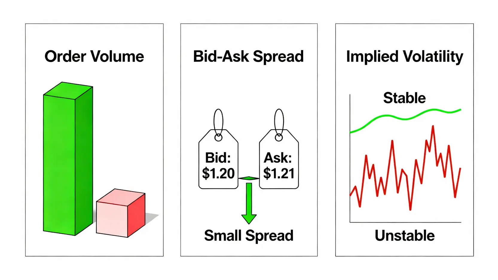 【券商造市比較】元大/凱基/元富權證造市規則大解析,選對券商最關鍵! 評估權證券商造市品質的三大指標示意圖,包含掛單量、買賣價差與隱含波動率穩定性。
