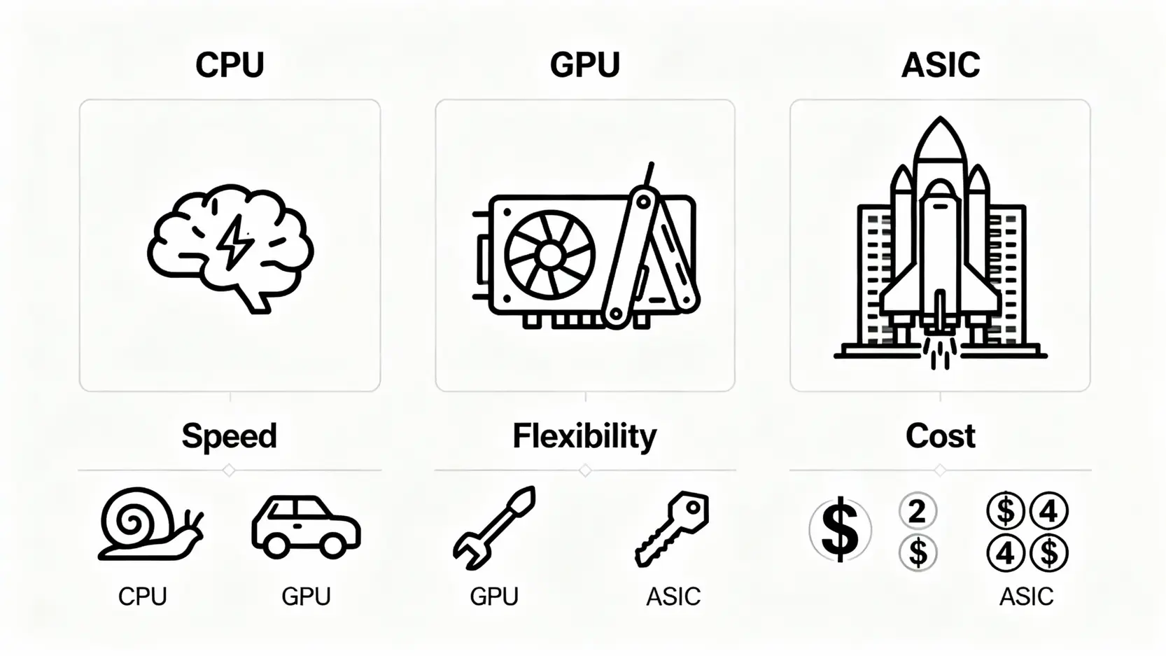 挖礦硬體終極指南:ASIC、GPU、CPU挖礦優劣全解析與推薦 CPU、GPU與ASIC三種挖礦硬體的特性對比圖,比較了算力、彈性與成本。