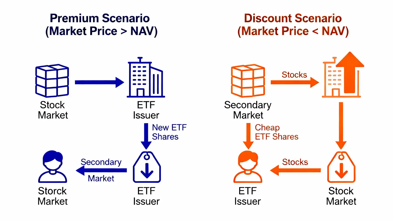ETF折溢價總是讓你買貴?揭秘「ETF造市者」背後規則與套利攻防戰 ETF造市者套利機制流程圖,說明在溢價時如何申購ETF來增加供給,以及在折價時如何贖回ETF來增加需求,以穩定市價。