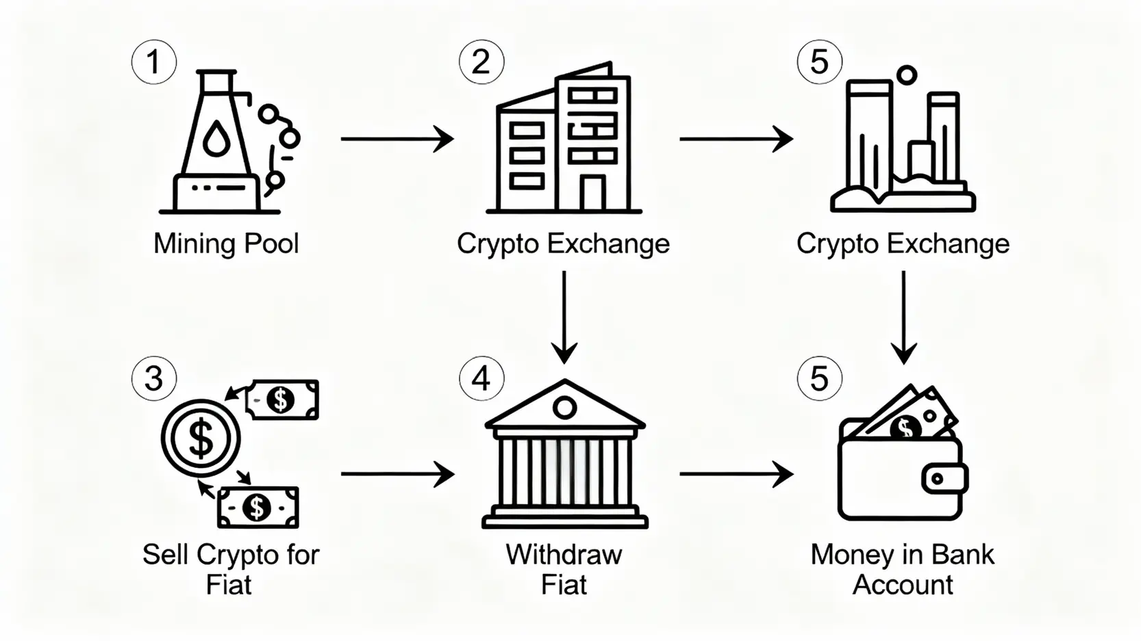 挖礦如何變現?2026最新挖礦出金教學,5步驟將收益提領成新台幣 挖礦出金五步驟流程圖,從礦池提幣到交易所,再賣成台幣提領至銀行帳戶的完整過程。