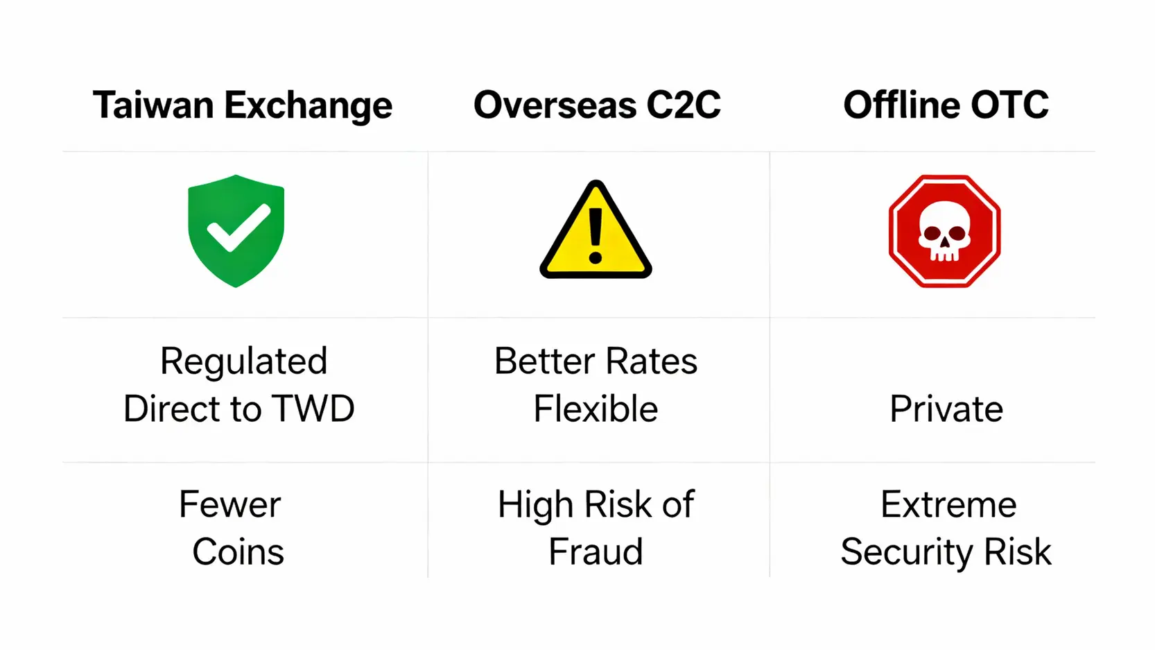 挖礦如何變現?2026最新挖礦出金教學,5步驟將收益提領成新台幣 三種主流挖礦出金管道比較圖,包含台灣交易所、海外C2C平台與線下OTC交易的優缺點與風險等級。