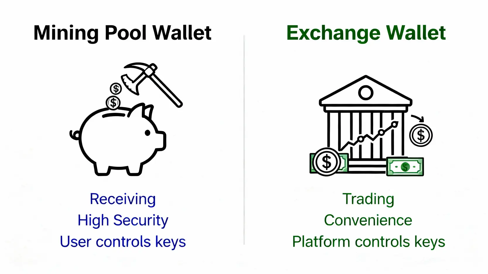 挖礦如何變現?2026最新挖礦出金教學,5步驟將收益提領成新台幣 礦池錢包與交易所錢包的功能對比圖,左邊是接收收益的礦池錢包,右邊是用於交易變現的交易所錢包。