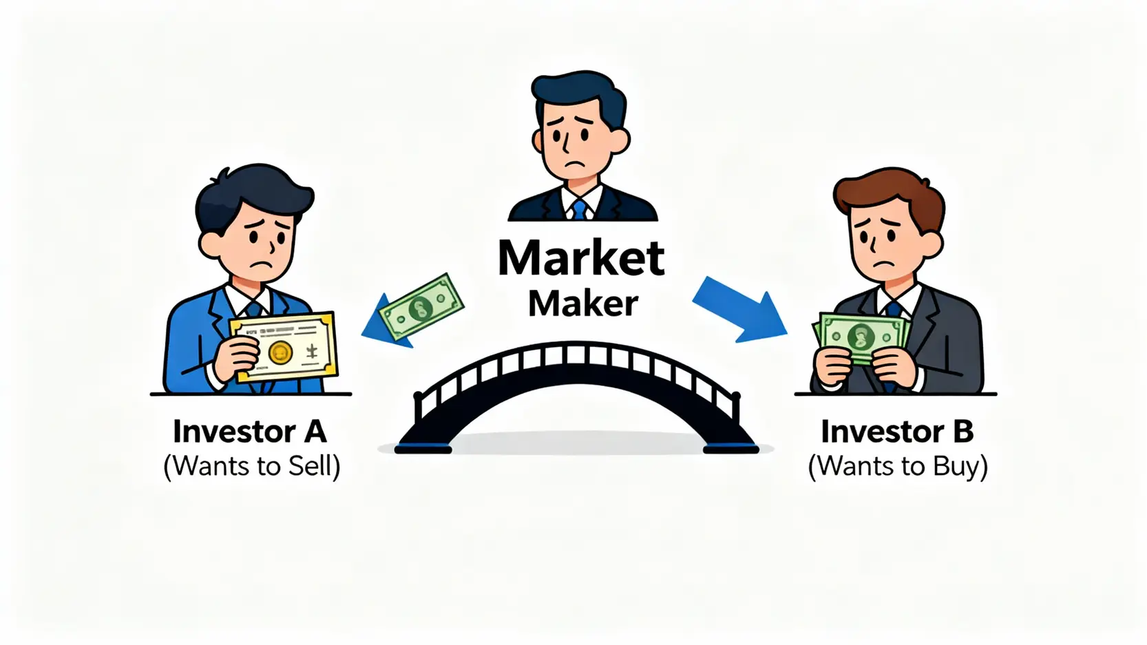 做市商是什麼?一篇看懂造市者如何影響股市流動性與你的交易成本 一張概念圖,展示做市商作為市場中心,連接想賣股票的投資人A和想買股票的投資人B,扮演關鍵中間人角色。
