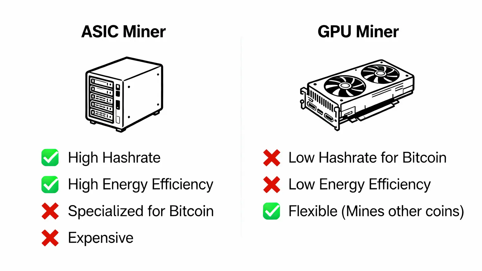 2026比特幣挖礦終極指南:從零開始的教學、礦機推薦與收益分析 ASIC礦機與GPU礦機的優劣比較圖,突顯了兩者在算力、效率和靈活性上的差異。