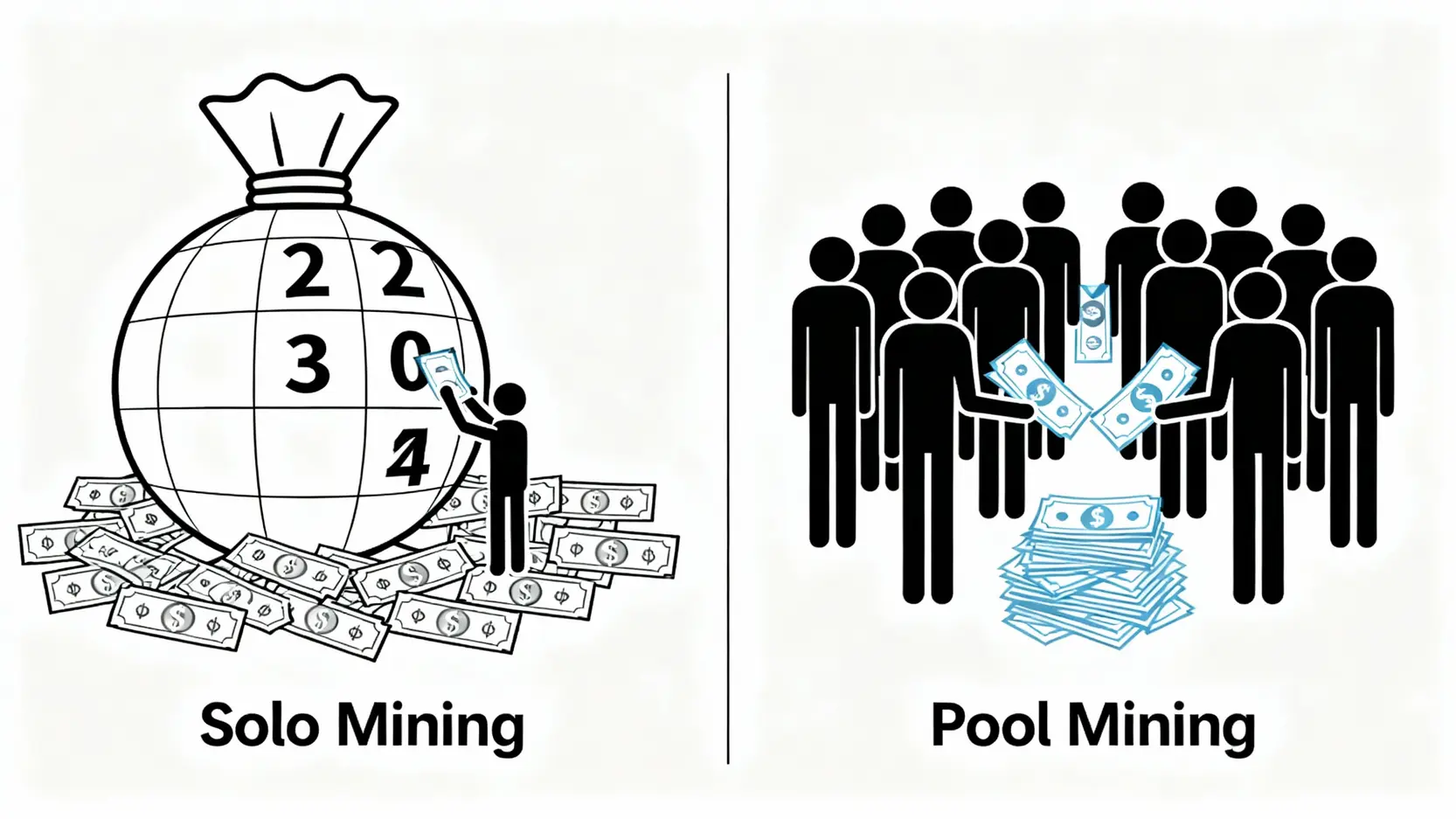 2026比特幣挖礦終極指南:從零開始的教學、礦機推薦與收益分析 獨立挖礦與礦池挖礦的對比示意圖,顯示了礦池如何集合算力以獲得穩定收益。