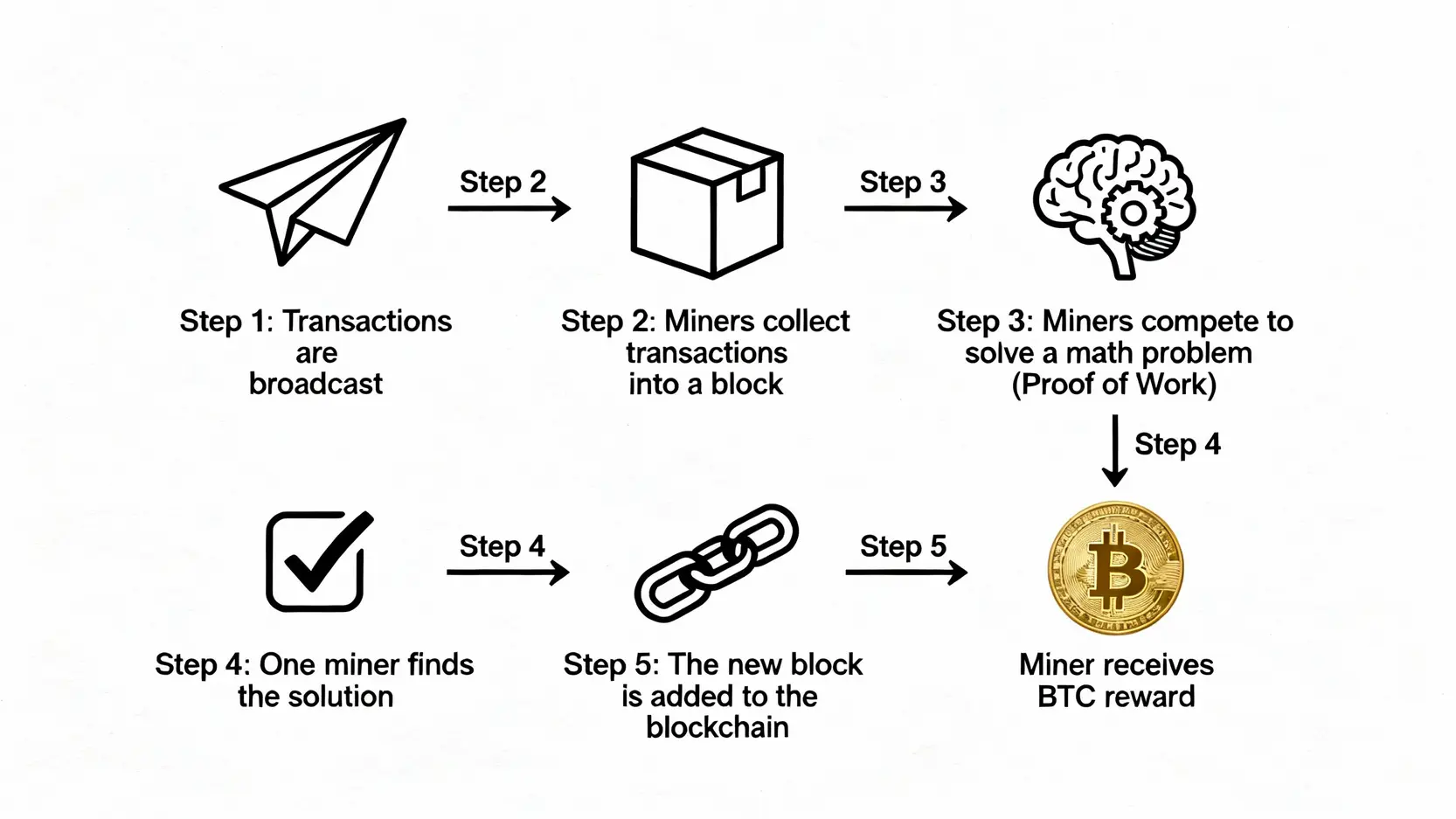 2026比特幣挖礦終極指南:從零開始的教學、礦機推薦與收益分析 比特幣挖礦流程圖,展示了從交易廣播到礦工獲得獎勵的完整步驟。