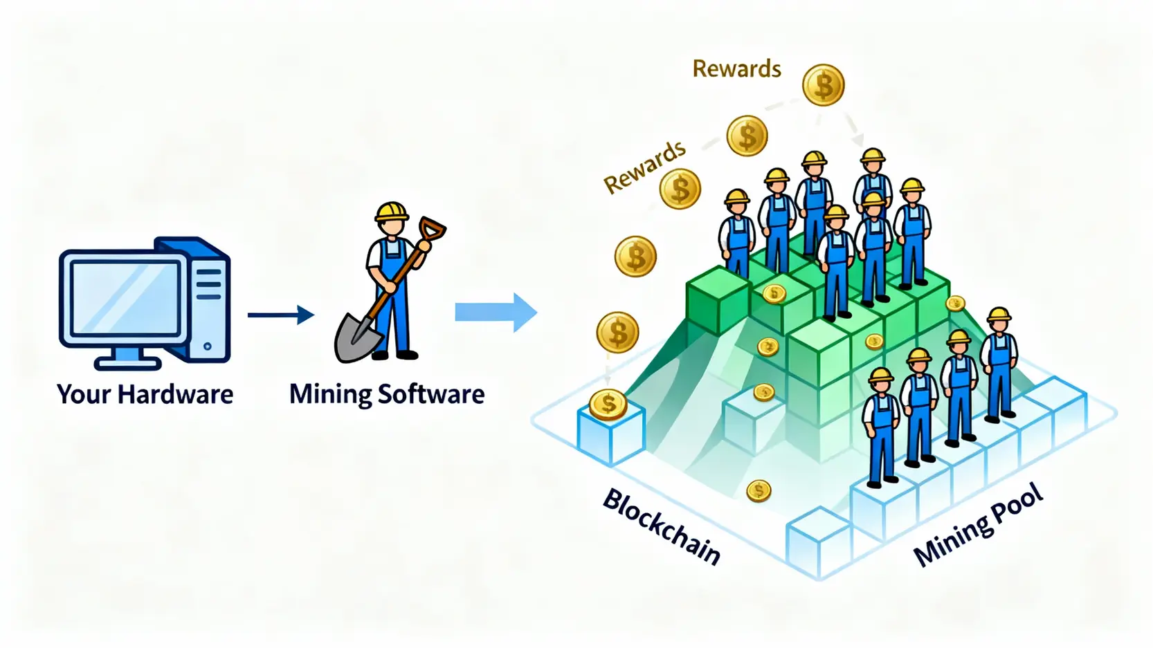 挖礦軟體推薦:5款挖礦程式從零教學,一篇搞懂礦池是什麼! 一張圖解釋挖礦軟體與挖礦礦池的關係示意圖