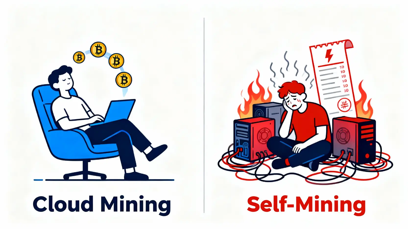 雲端挖礦是陷阱還是致富捷徑?5大平台比較、收益與避坑全攻略 雲端挖礦與自架礦機的對比圖,左邊是輕鬆的雲端挖礦,右邊是複雜高成本的自架礦機。