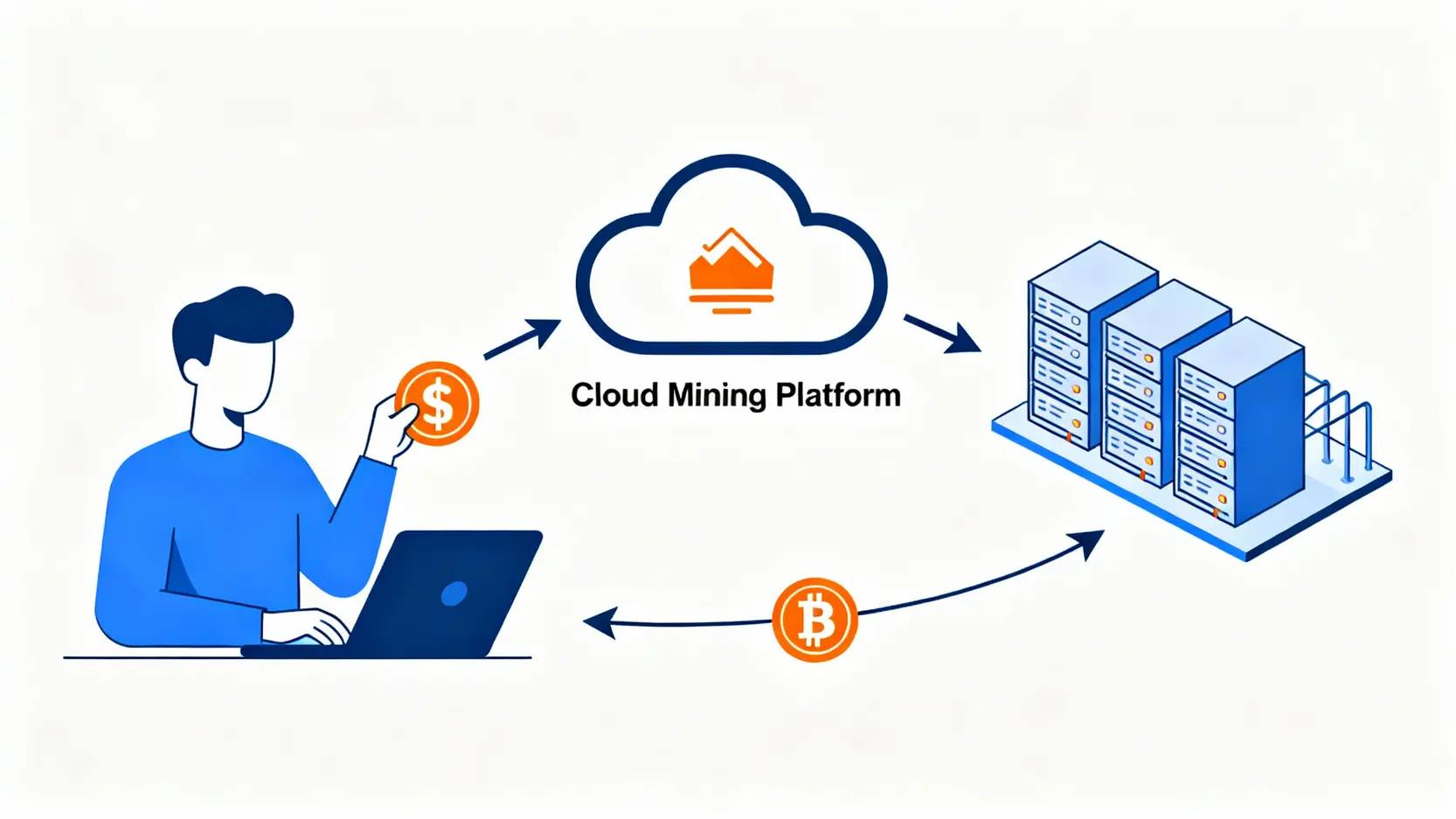 雲端挖礦是陷阱還是致富捷徑?5大平台比較、收益與避坑全攻略 雲端挖礦運作原理示意圖,顯示用戶支付費用給平台,平台運行礦機,並將挖礦獎勵回報給用戶。