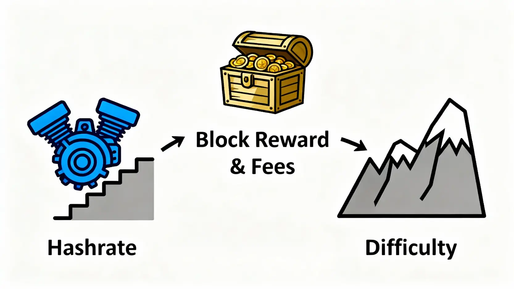 2026挖礦還能賺錢嗎?一篇搞懂挖礦收益計算與成本分析指南 一張概念圖,解釋算力、區塊獎勵和挖礦難度如何共同影響挖礦收益。