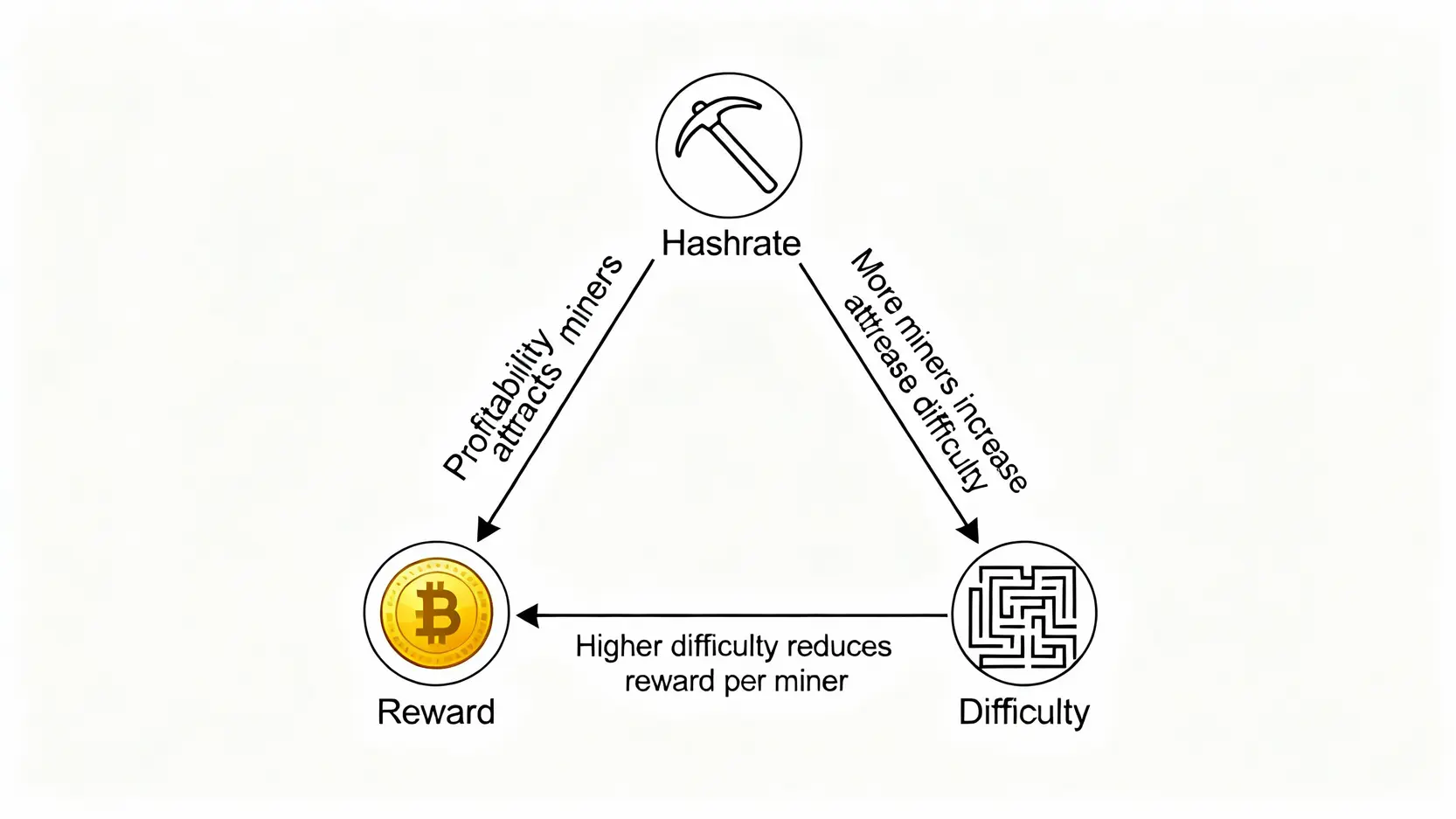 挖礦難度與算力是什麼?一篇搞懂區塊鏈獎勵的運作原理 一張黃金三角關係圖,展示了加密貨幣挖礦中算力、挖礦難度和區塊鏈獎勵三者之間的動態平衡與相互影響。