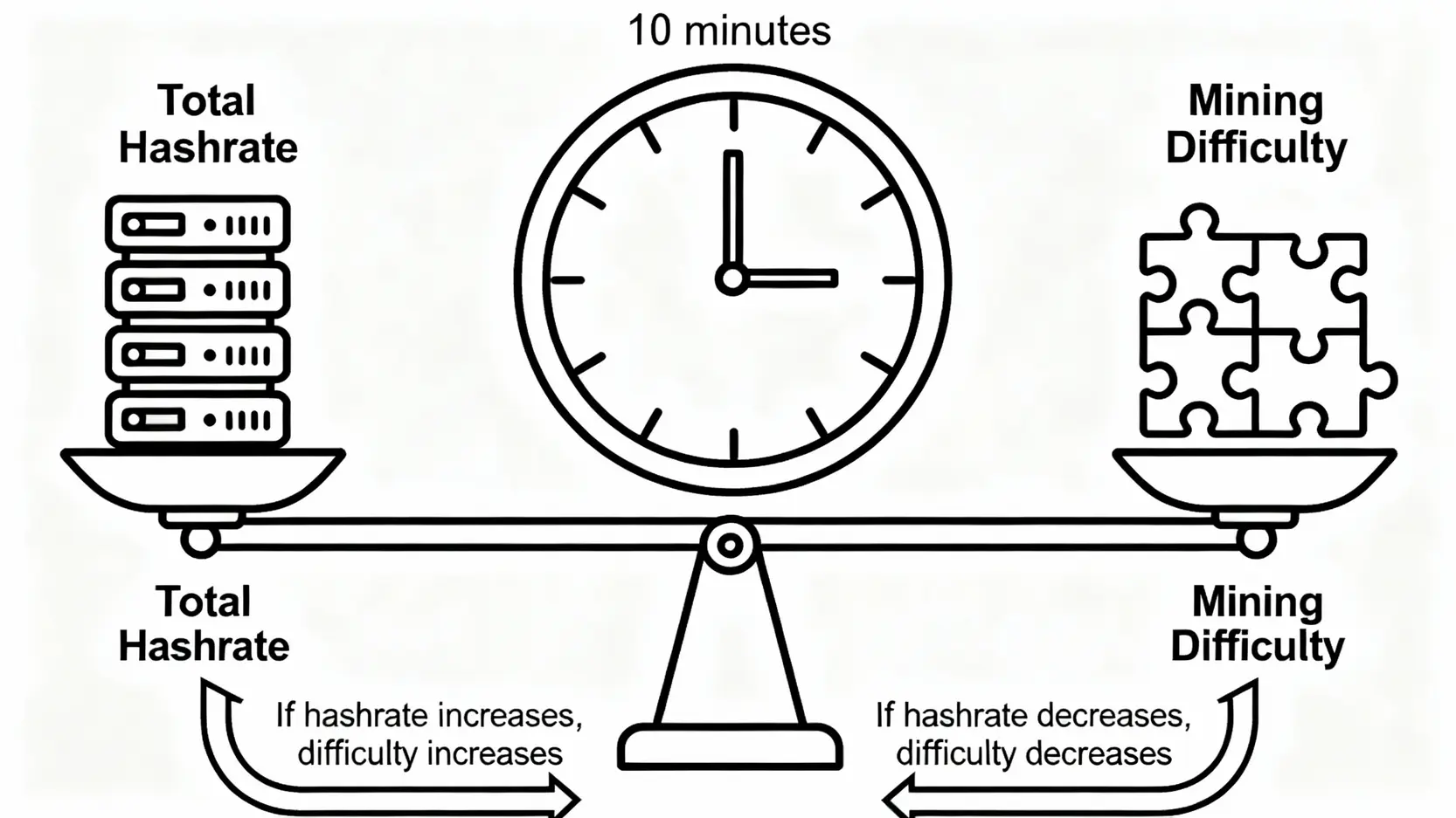 挖礦難度與算力是什麼?一篇搞懂區塊鏈獎勵的運作原理 一張示意圖,展示比特幣挖礦難度如何根據算力變化自動調整以維持10分鐘出塊時間的平衡機制。