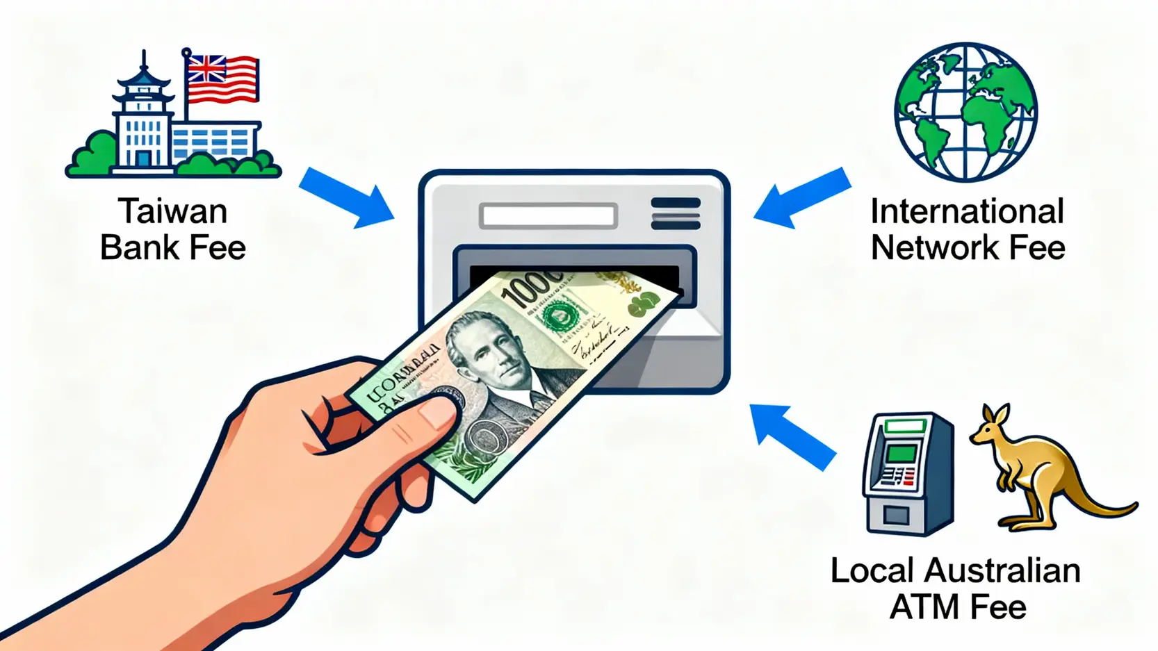 澳幣換台幣必看!澳幣兌台幣匯率(AUD/TWD)走勢與最佳換匯懶人包 在澳洲使用台灣提款卡提領澳幣的三大成本結構圖:台灣銀行手續費、國際組織手續費、澳洲當地ATM費用。