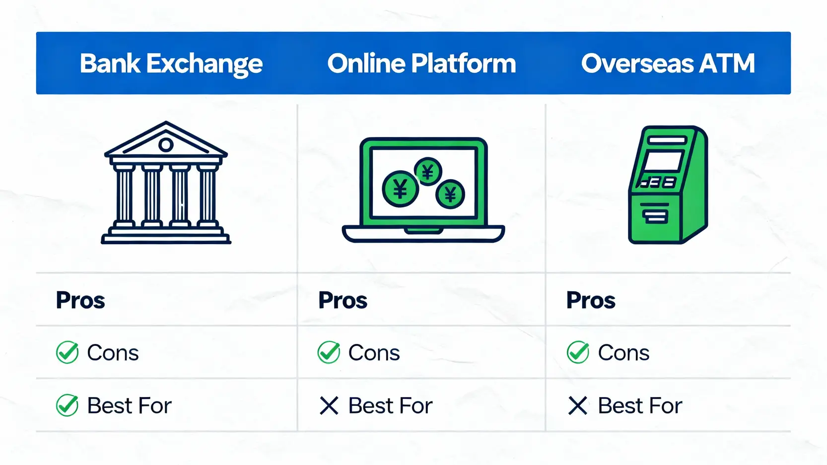 澳幣換台幣必看!澳幣兌台幣匯率(AUD/TWD)走勢與最佳換匯懶人包 銀行、線上平台與海外ATM三種換澳幣管道的優缺點比較圖。