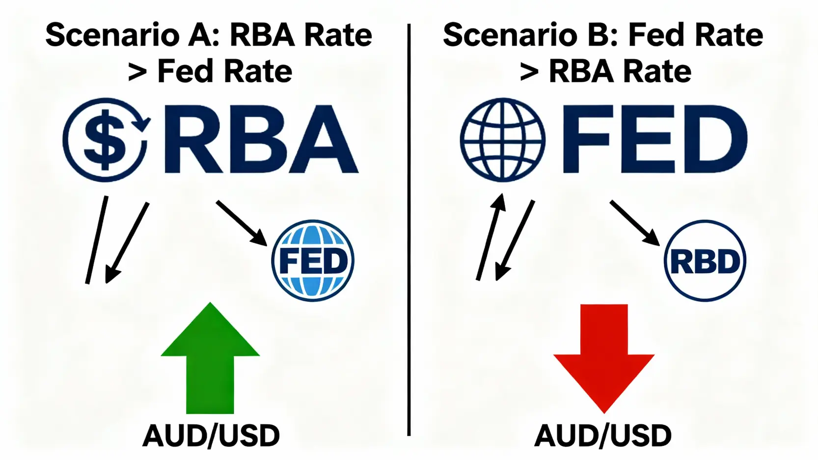 2026澳幣兌美元走勢預測:AUD/USD還會再跌嗎?5大關鍵因素全解析 利率差異影響澳幣兌美元匯率的對比圖,顯示資金如何從低利率國家流向高利率國家。