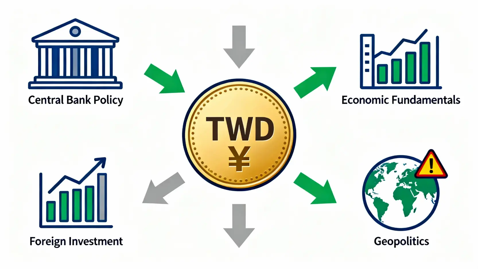 台幣什麼時候換最划算?專家教你3大換匯時機判斷法,抓準高低點! 一張圖說明影響台幣匯率的四大關鍵因素:央行政策、經濟基本面、外資動向與地緣政治。