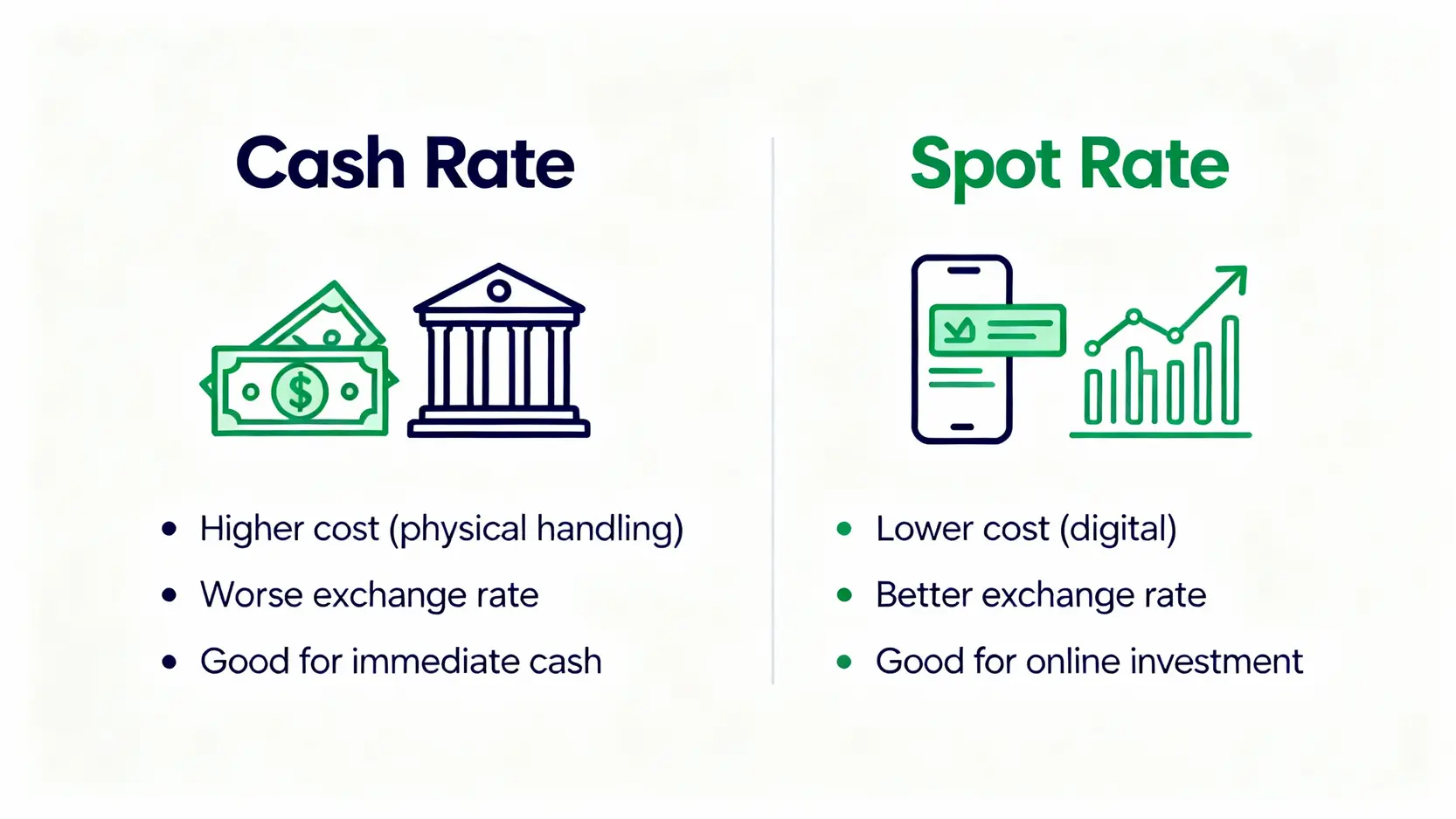 【換匯推薦】5家銀行匯率比較總整理!一篇搞懂現金/即期匯率差別 現金匯率與即期匯率的比較圖,解釋了兩者在成本、匯率和適用情境上的差異。