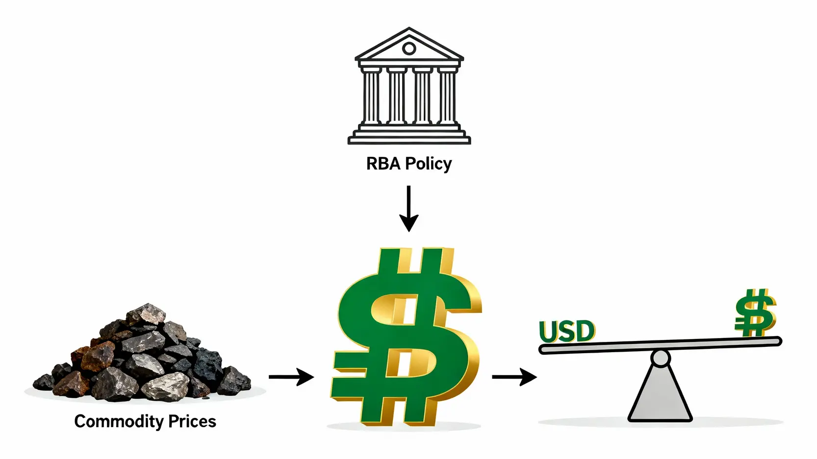 【2026澳幣走勢】最新消息!一篇看懂澳幣指數、新聞、PTT鄉民熱議的投資買點 影響澳幣走勢的三大關鍵因素示意圖:澳洲央行政策、大宗商品價格與美元指數。