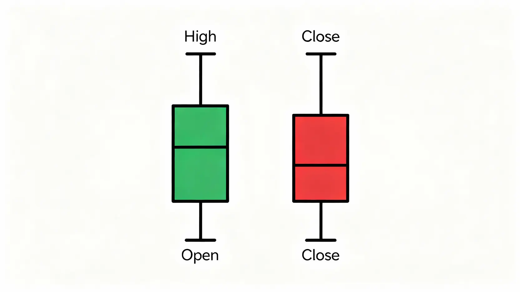 澳幣匯率走勢圖全解析:掌握5大關鍵因素,看懂2026澳元未來趨勢 K線圖教學示意圖,標示出綠色上漲K棒與紅色下跌K棒的開盤價、收盤價、最高價與最低價的位置。