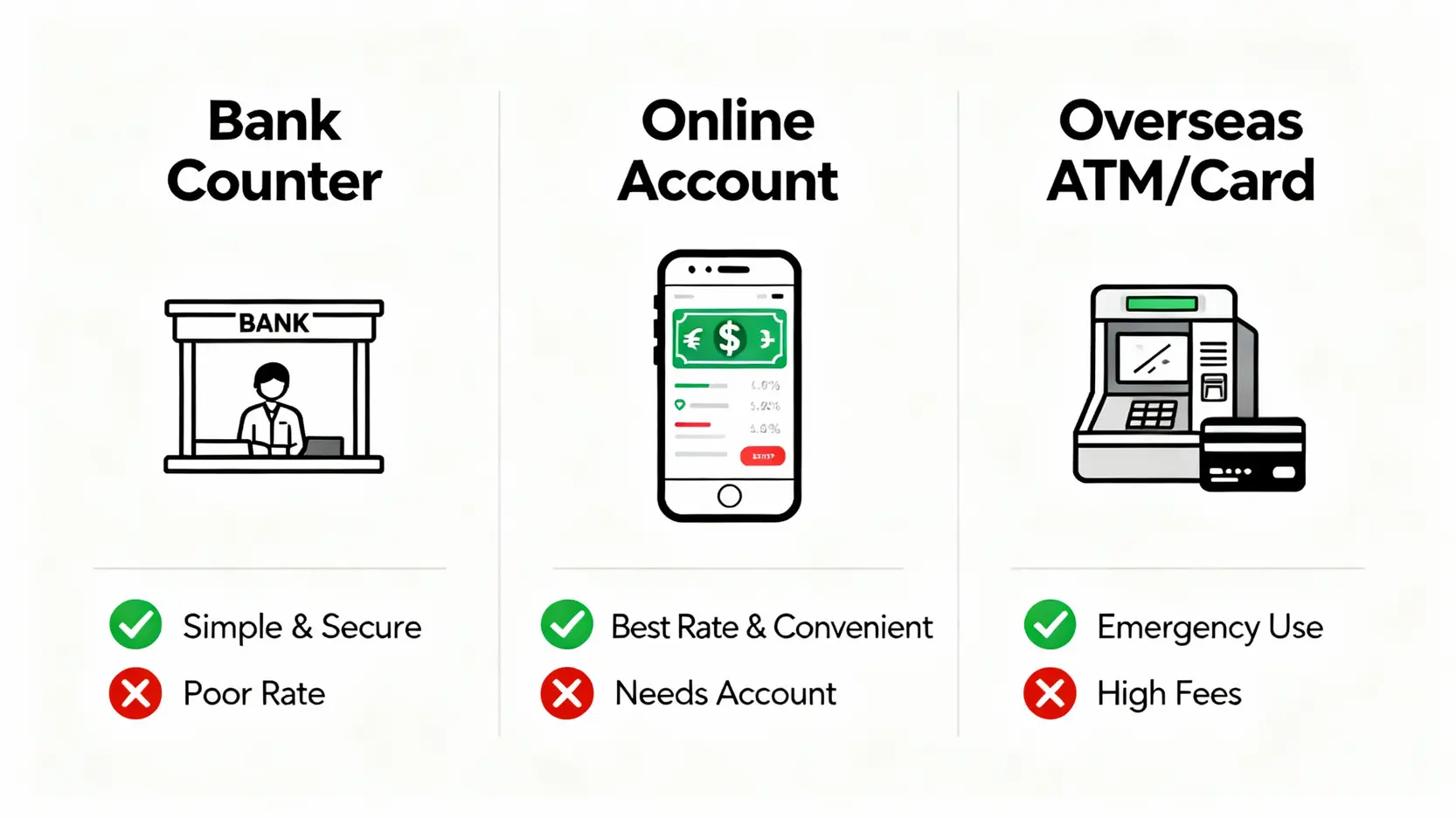 2026澳幣投資全攻略:買澳幣、換匯教學、高利定存一篇搞懂! 三大換澳幣管道比較圖,包含銀行臨櫃、線上結匯以及海外提款的優缺點分析。