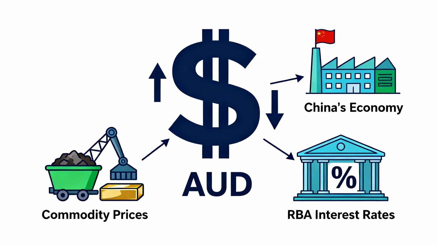 2026澳幣投資全攻略:買澳幣、換匯教學、高利定存一篇搞懂! 一張圖說明影響澳幣匯率的三大關鍵因素:大宗商品價格、中國經濟狀況以及澳洲央行利率決策。