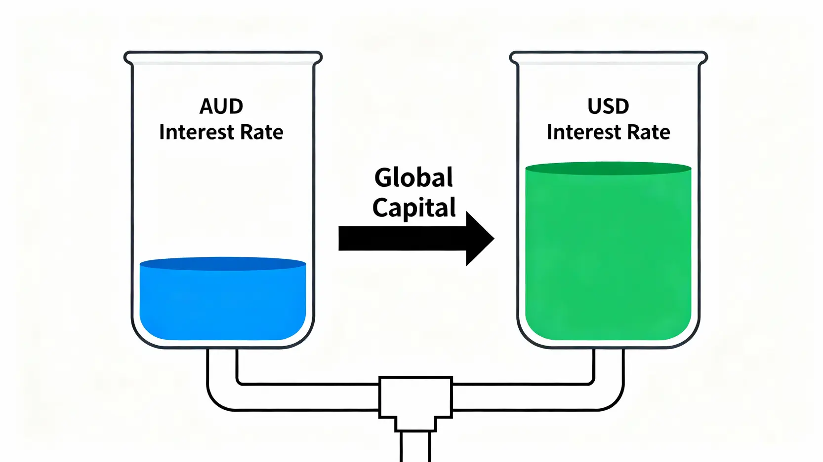 澳幣為什麼一直跌?專家解析4大關鍵因素,看懂澳幣貶值原因與未來走勢! 一張解釋利率差異如何影響資金流動的示意圖,顯示資金從利率較低的澳幣流向利率較高的美元。