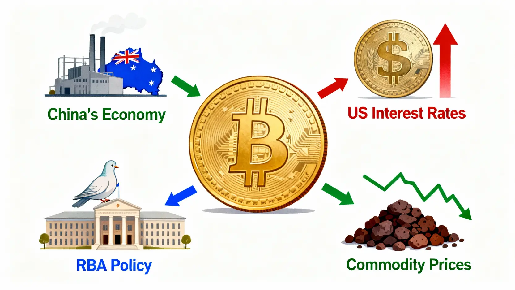 澳幣為什麼一直跌?專家解析4大關鍵因素,看懂澳幣貶值原因與未來走勢! 一張圖解釋影響澳幣貶值的四大核心因素:中國經濟放緩、美國強勢升息、澳洲央行鴿派政策以及大宗商品價格下跌。