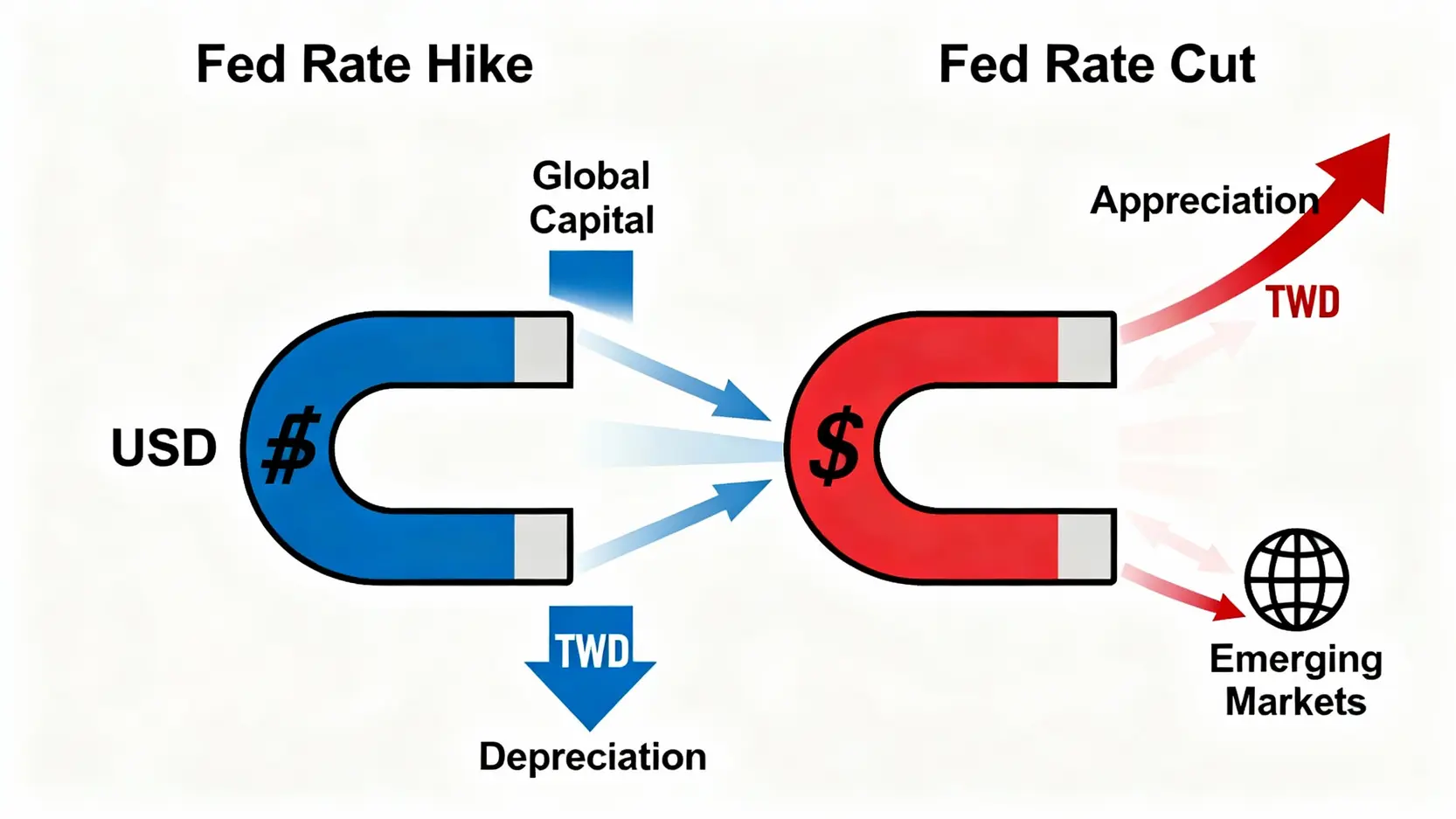 【2026台幣走勢預測】新台幣長期預測全解析:升破30或貶向33?專家5大觀點一次看懂 美國聯準會升息與降息對新台幣匯率影響示意圖