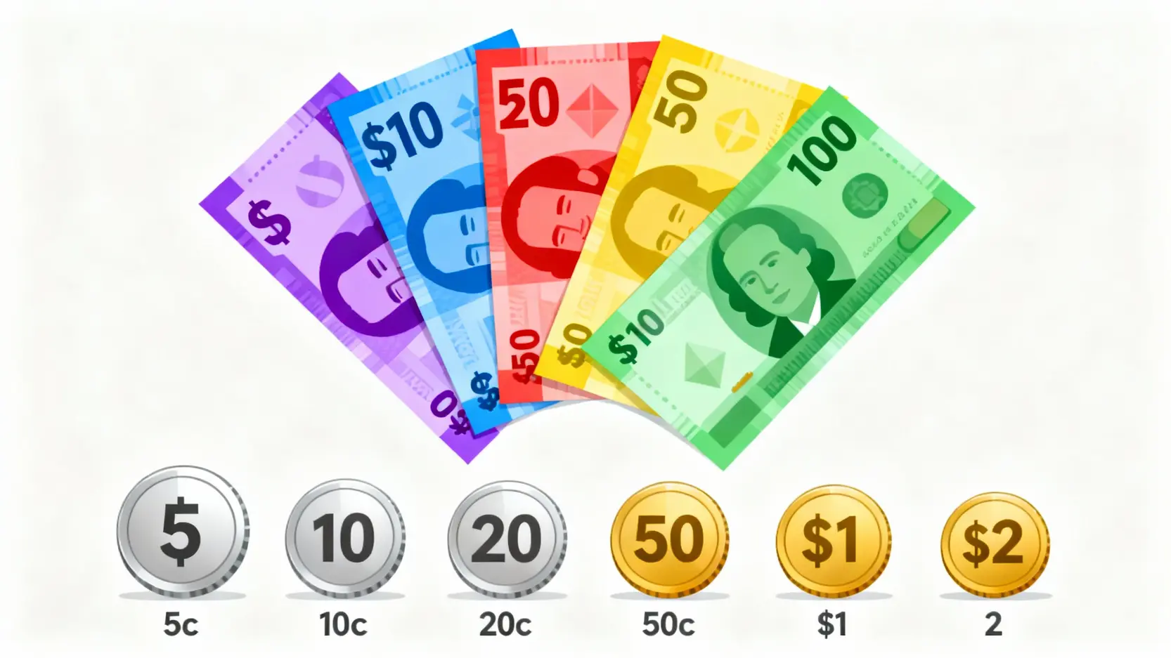 全系列澳洲貨幣面額圖解，包含五種紙鈔與六種硬幣。