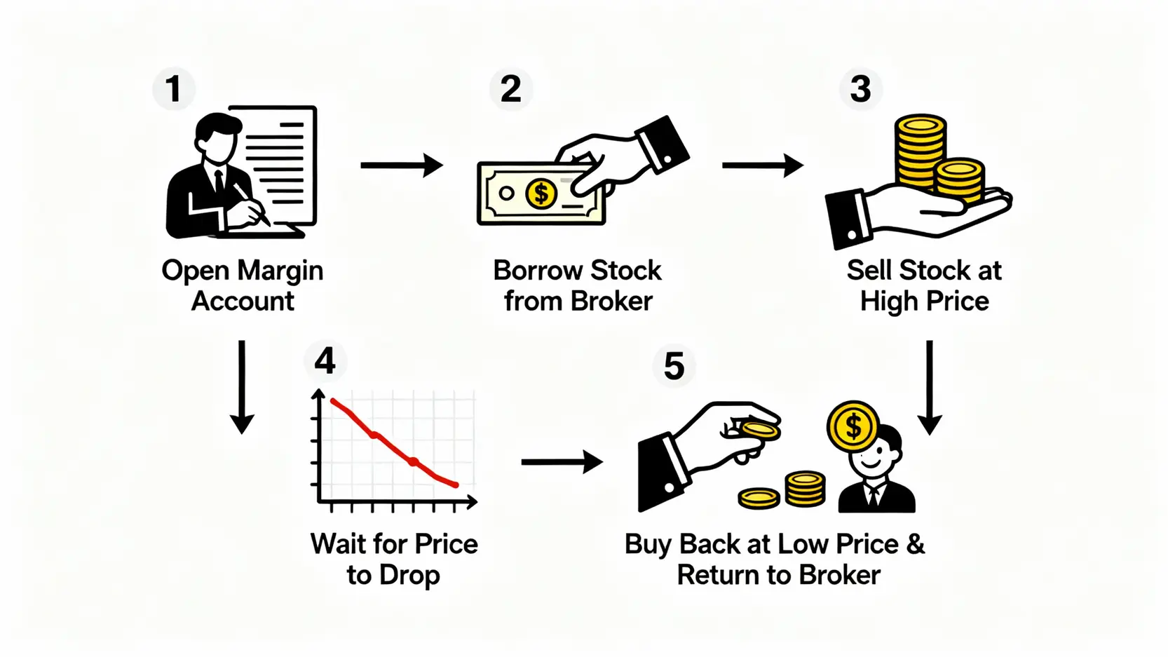 做空意思是什麼?股票做空教學:空單、看空、風險一篇搞懂 台股融券做空五步驟流程圖,從開立信用戶、融券賣出、等待股價下跌、融券回補到獲利了結。