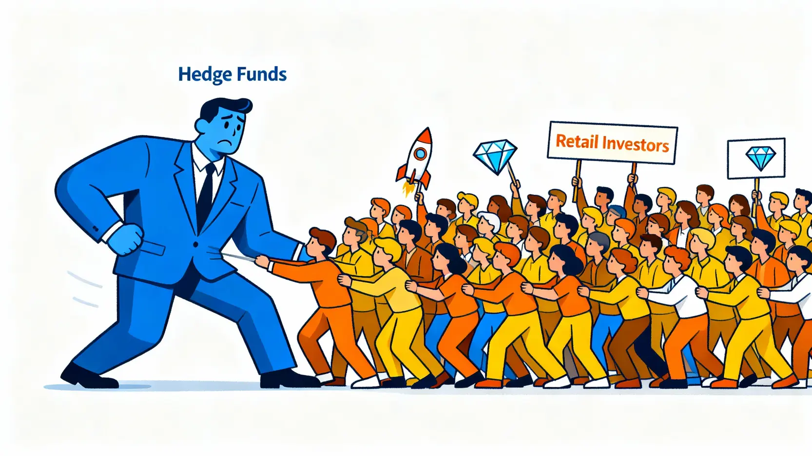 軋空意思是什麼?一篇搞懂軋空行情、成因與GME經典案例 一張概念圖,描繪代表散戶的小人物群體合力對抗代表華爾街對沖基金的巨人。