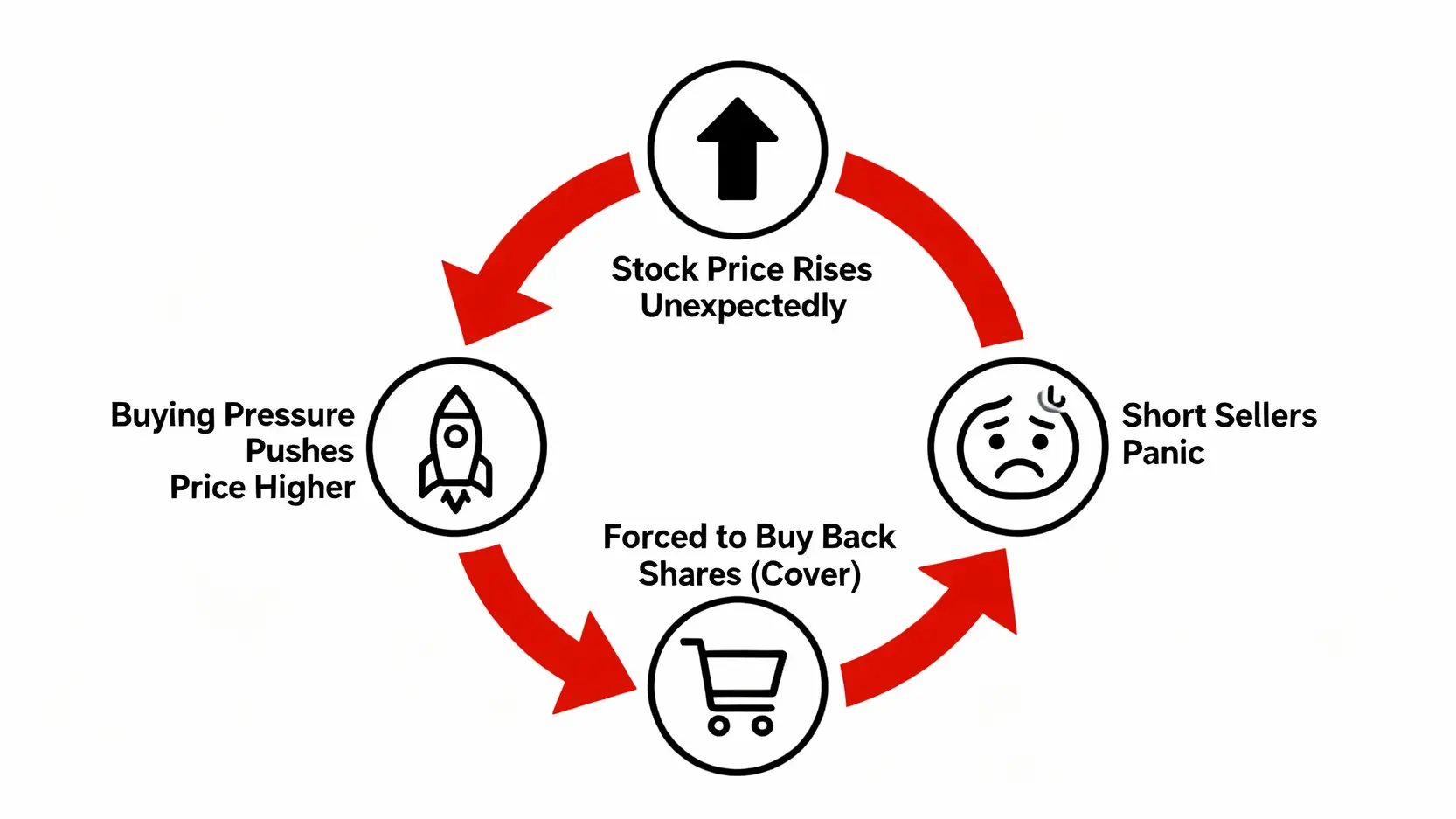 【軋空自救】被軋空怎麼辦?5個空單停損與反敗為勝的應對策略 軋空惡性循環示意圖,展示股價上漲導致空頭回補,進而推升股價的循環過程。