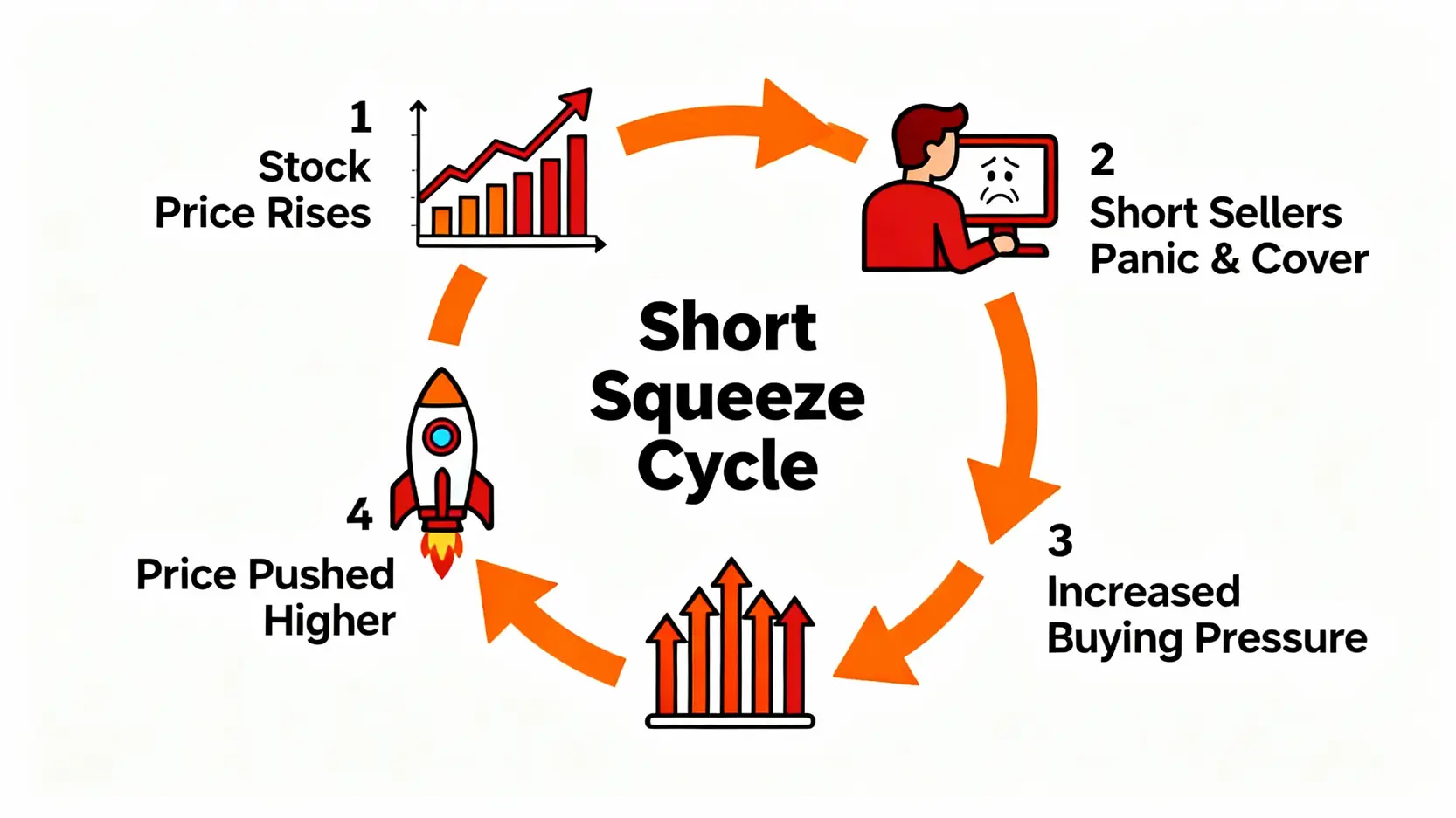 融券回補是什麼?一篇搞懂空單回補意思、操作教學與軋空風險 一張循環圖,說明軋空行情的惡性循環:股價上漲迫使空方回補,回補買盤又進一步推高股價。