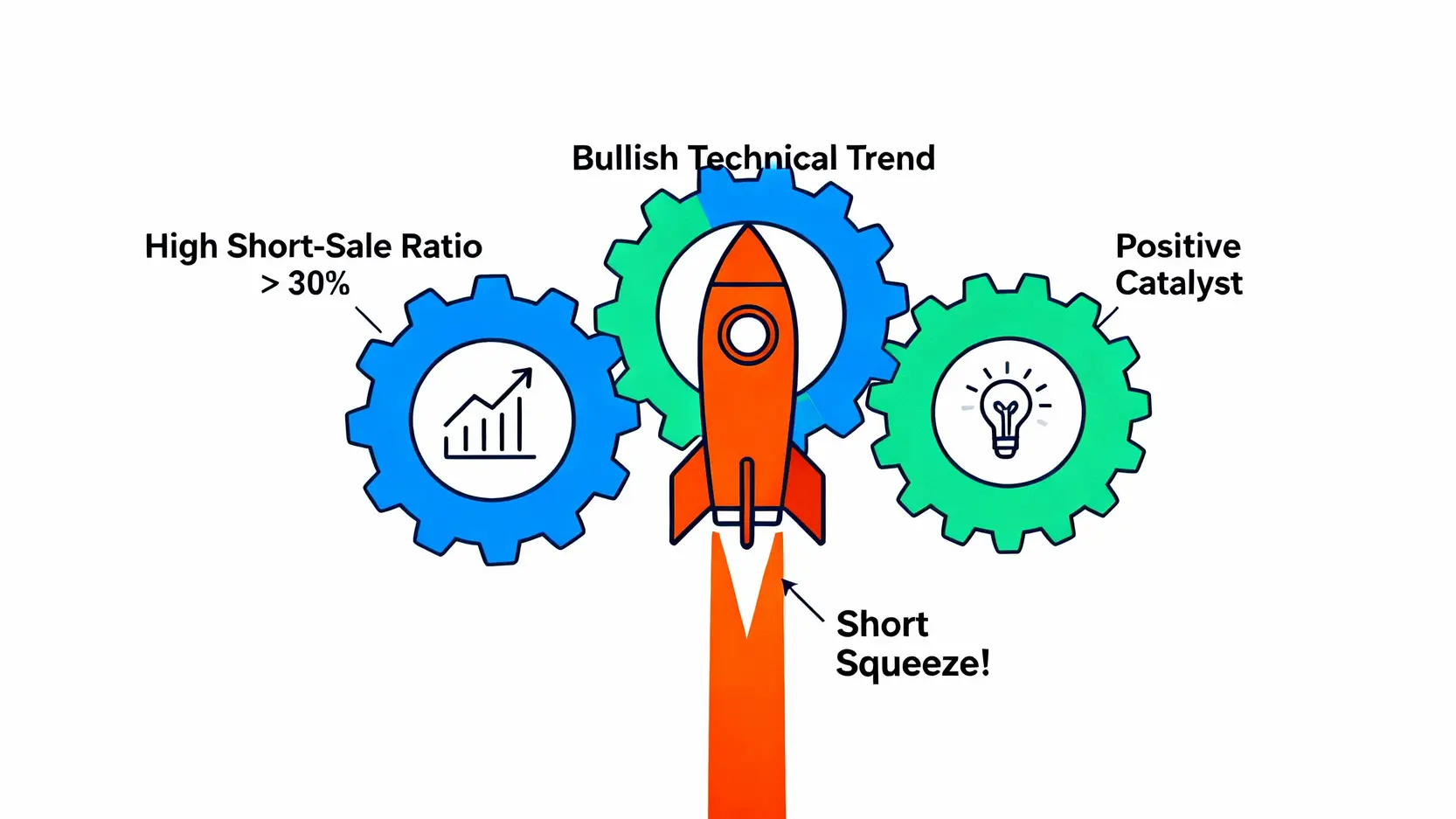 券資比軋空怎麼找?掌握3大軋空條件,提前佈局潛力股! 一張概念圖,展示觸發軋空行情所需的三大條件:高券資比、股價多頭趨勢、以及利多消息催化。