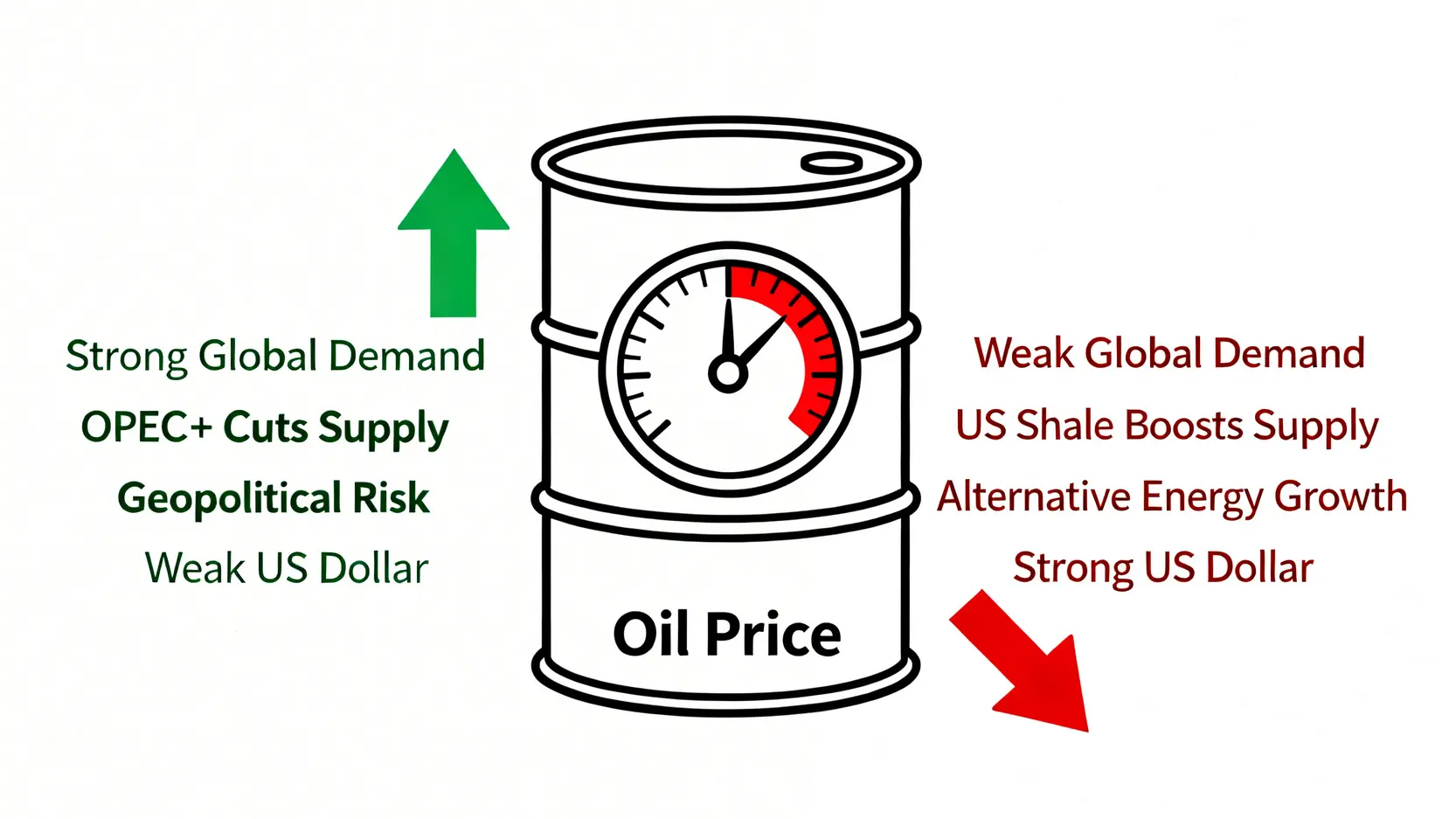 2026國際油價走勢全解析:一篇搞懂布蘭特原油、影響油價的7大關鍵因素 影響國際油價走勢的七大關鍵因素示意圖,顯示供給、需求、地緣政治、美元強弱等力量如何推升或打壓油價。