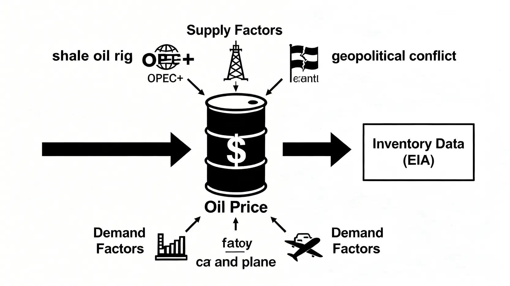 【原油期貨入門】輕原油期貨怎麼買?一篇搞懂開戶、走勢分析與投資策略 影響原油價格的基本面因素示意圖,包含供給面(OPEC+、頁岩油、地緣政治)、需求面(經濟景氣、運輸)以及庫存數據。