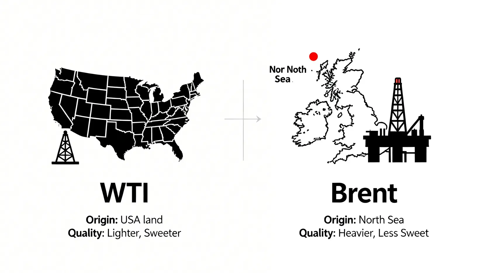 【原油期貨入門】輕原油期貨怎麼買?一篇搞懂開戶、走勢分析與投資策略 WTI原油與布蘭特原油的比較圖,顯示了它們各自的產地、開採設施和品質特性。