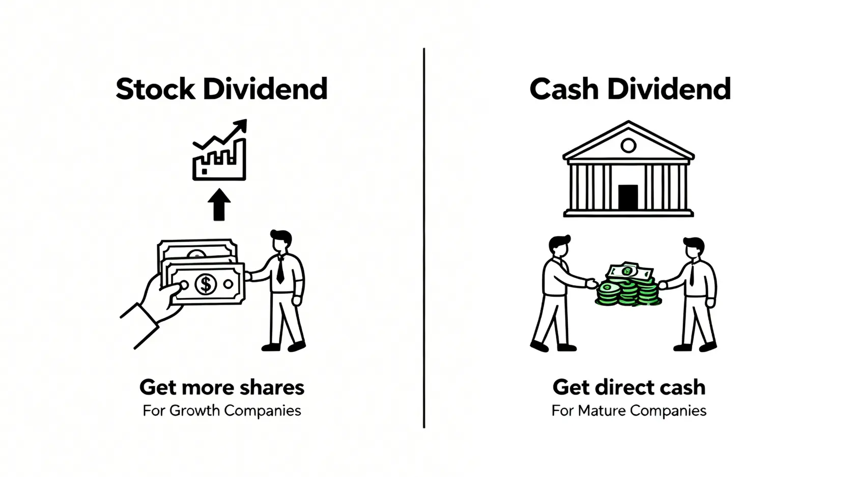 股票股利是什麼?一次搞懂除權息意思、配股配息差別與現金增資 配股與配息的差別比較圖,左邊顯示配股讓股東獲得更多股票適合成長型公司,右邊顯示配息讓股東獲得現金適合成熟型公司。