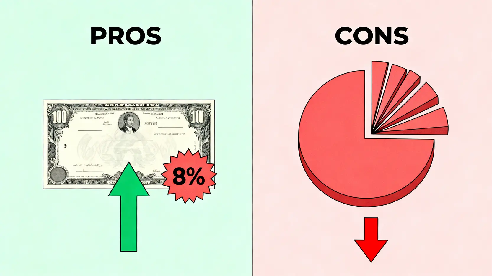 現金增資對股價影響是好是壞?參加前必讀:優缺點、認購流程與決策全解析 現金增資的優點與缺點對比圖,左邊是折扣價認股和公司成長的正面示意,右邊是被稀釋的股權和下跌股價的負面示意。