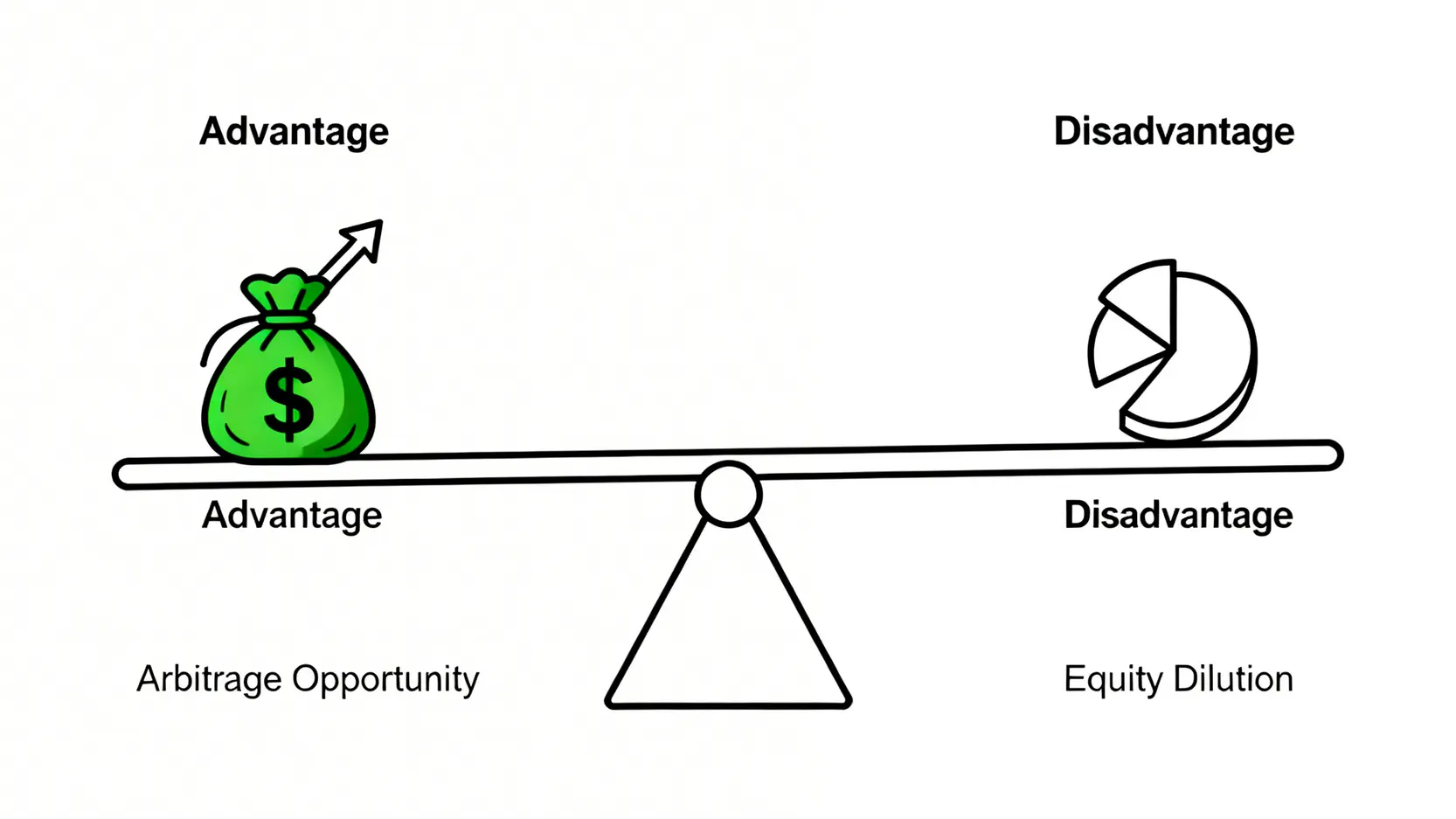 現金增資全攻略:目的、流程、認購價格與對股價的影響一次看懂 現金增資折價發行的優缺點示意圖,以天秤平衡套利機會與股權稀釋風險。