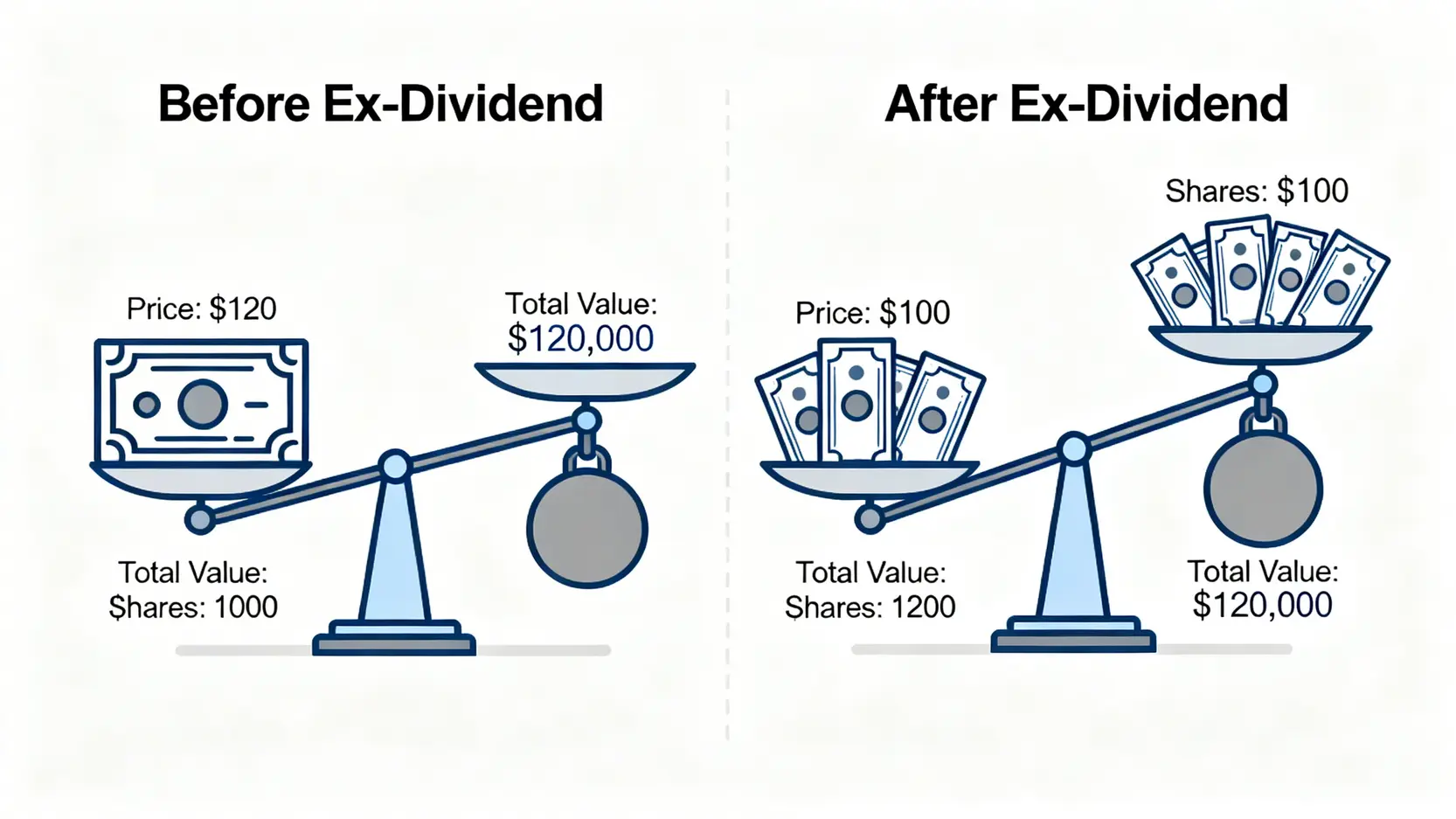 股票股利好嗎?一篇搞懂計算、股價影響與領取優缺點 除權概念示意圖,顯示除權前後投資人總資產價值不變,僅股價與股數變動。