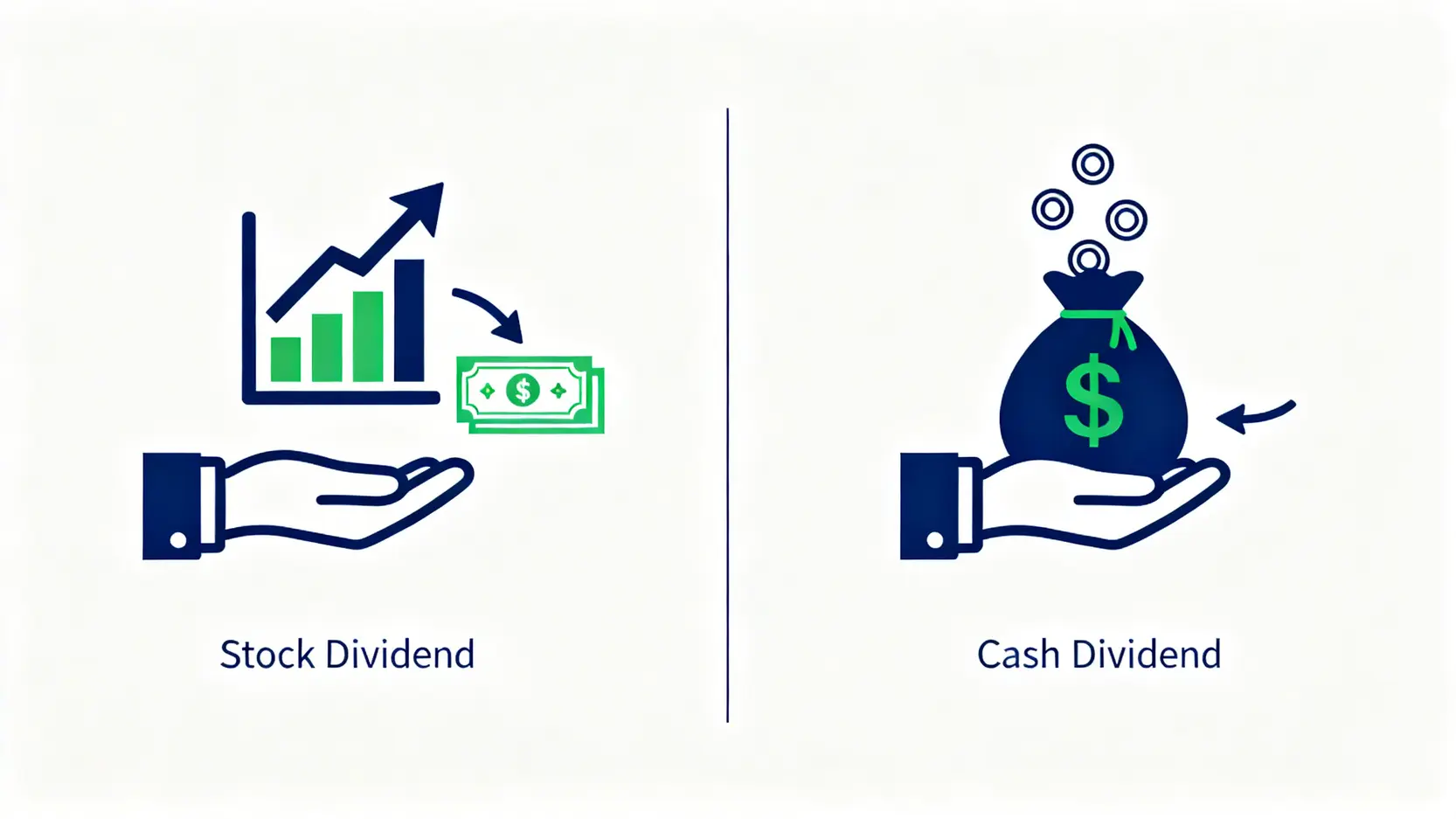 股票股利好嗎?一篇搞懂計算、股價影響與領取優缺點 股票股利與現金股利的差異圖解,左邊是增加的股票,右邊是收到的現金。