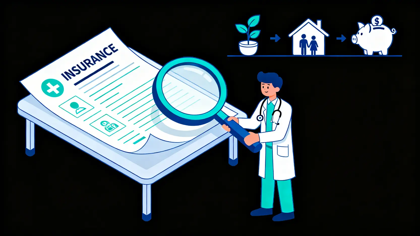 保險存摺是什麼?最新申請教學、功能詳解與保單健檢實戰 一位醫生正用聽診器和放大鏡為一份保單文件進行健康檢查,象徵保單健檢的重要性。