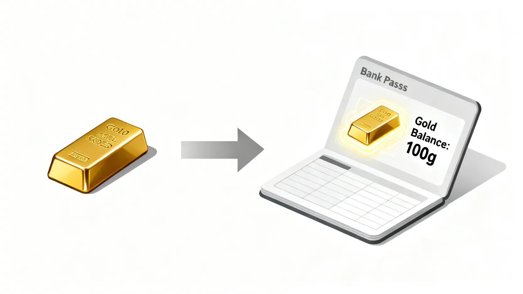 台銀黃金存摺開戶教學:5步驟搞懂怎麼買賣、手續費與優缺點 一張示意圖,展示實體黃金條塊如何被轉換為黃金存摺中的數位紀錄,解釋了黃金存摺的核心概念。