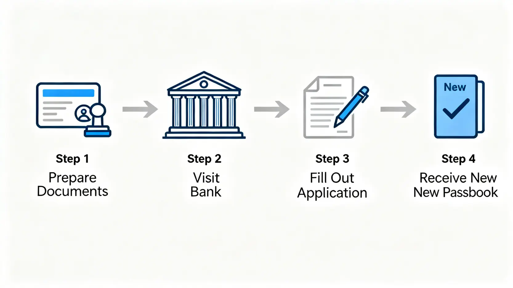 存摺遺失怎麼辦?最新存摺補辦流程、必帶文件懶人包 銀行存摺補辦的四個步驟流程圖,從準備文件到領取新存摺。